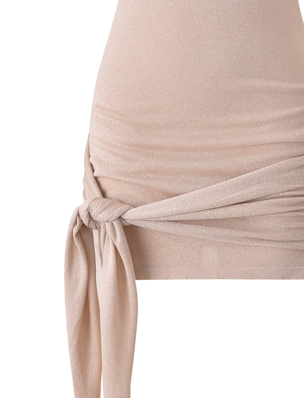 Close-up of the SOTERA KNIT MINI DRESS in gold by TIGERMIST, a sparkly bodycon style with soft, stretchy fabric, shimmery finish, and side knot detail draping at the hip.