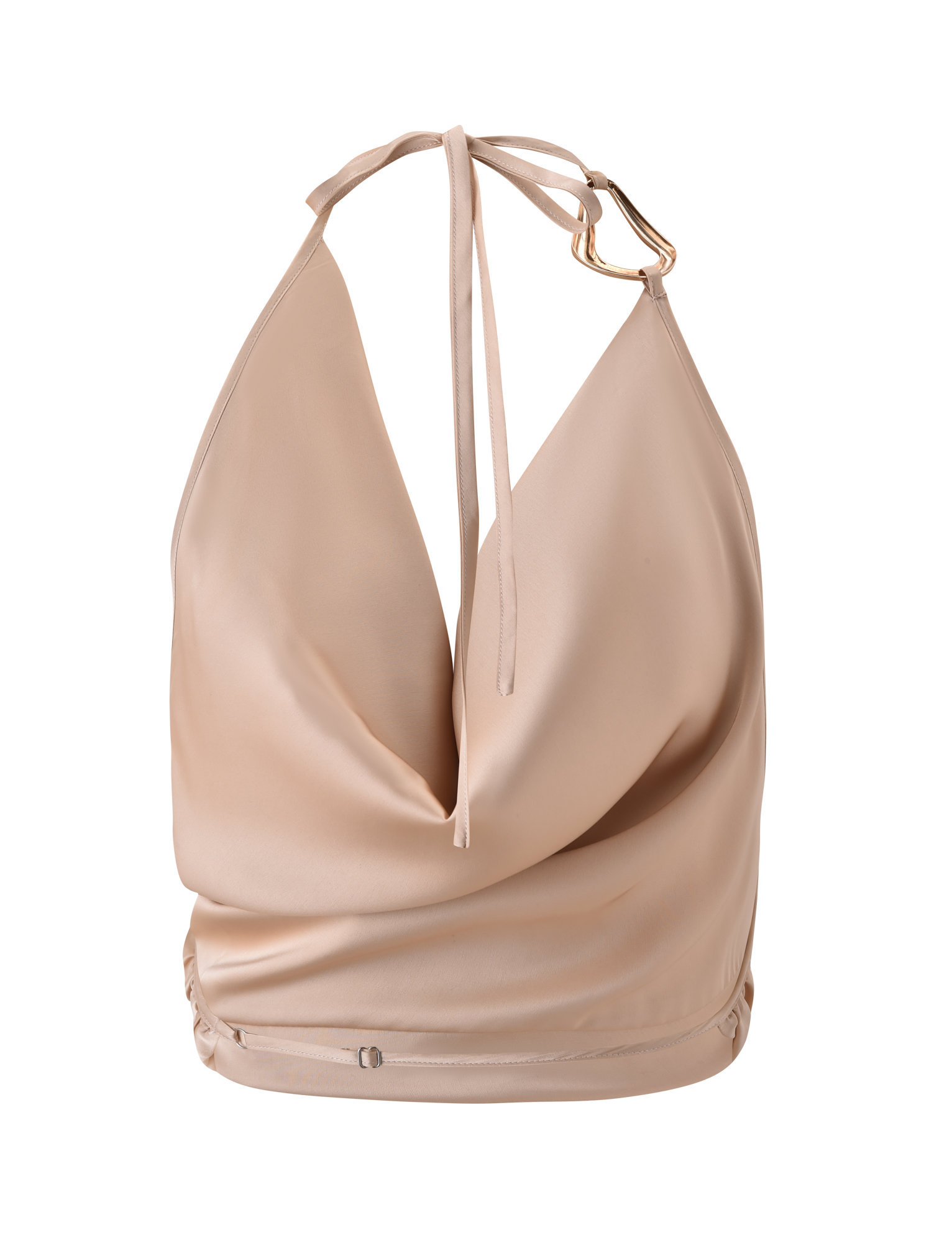 The CYRENE SATIN COWL TOP - GOLD by TIGERMIST features a beige satin gold finish, deep draped cowl neckline, open back with tie-up halter strap, gold metal accent, and a soft, shiny fabric for an elegant fit.