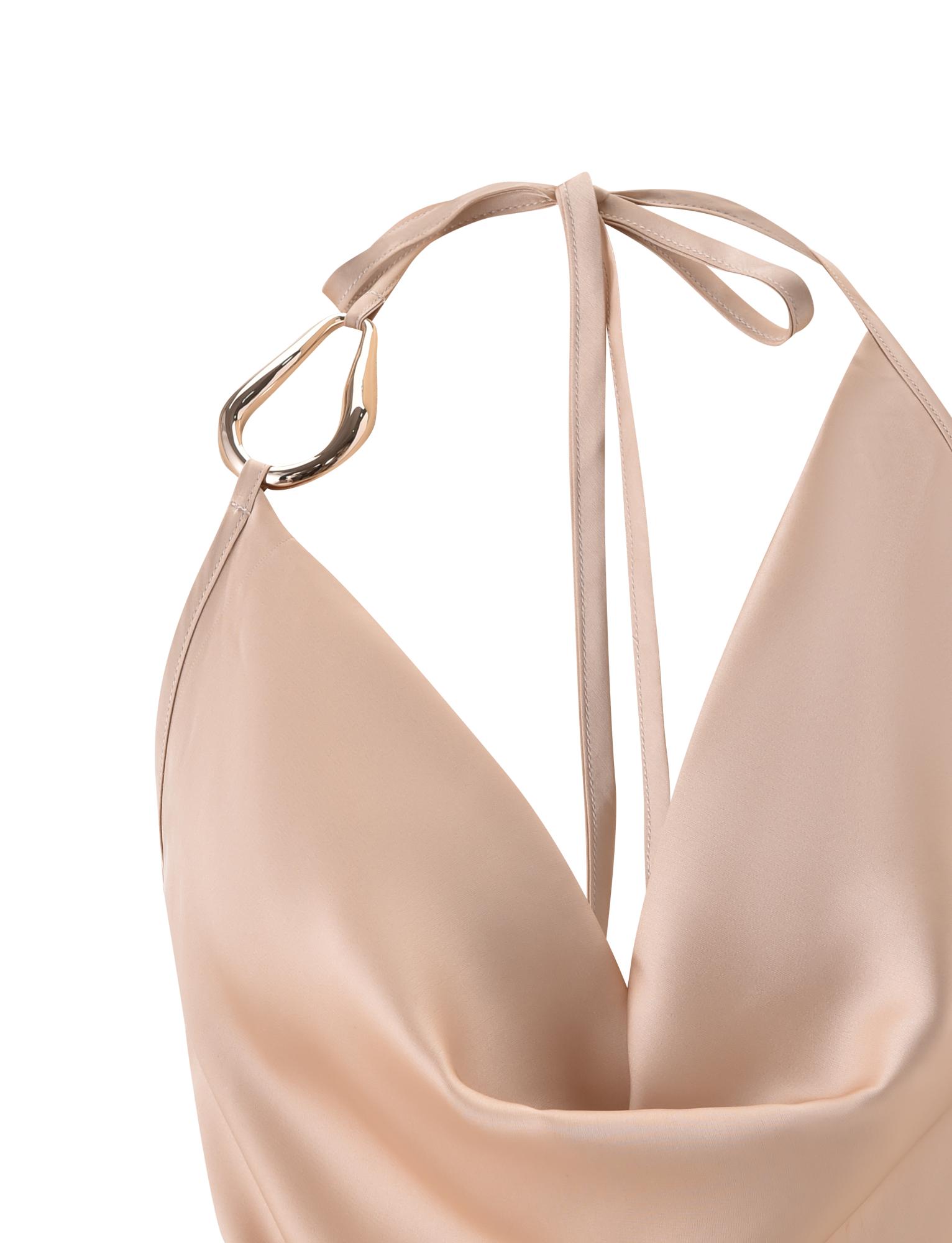 A close-up of the TIGERMIST CYRENE SATIN COWL TOP in gold, showcasing its draped cowl neckline, open back, a gold metal ring detail on one halter strap, and a bow tie on the other.