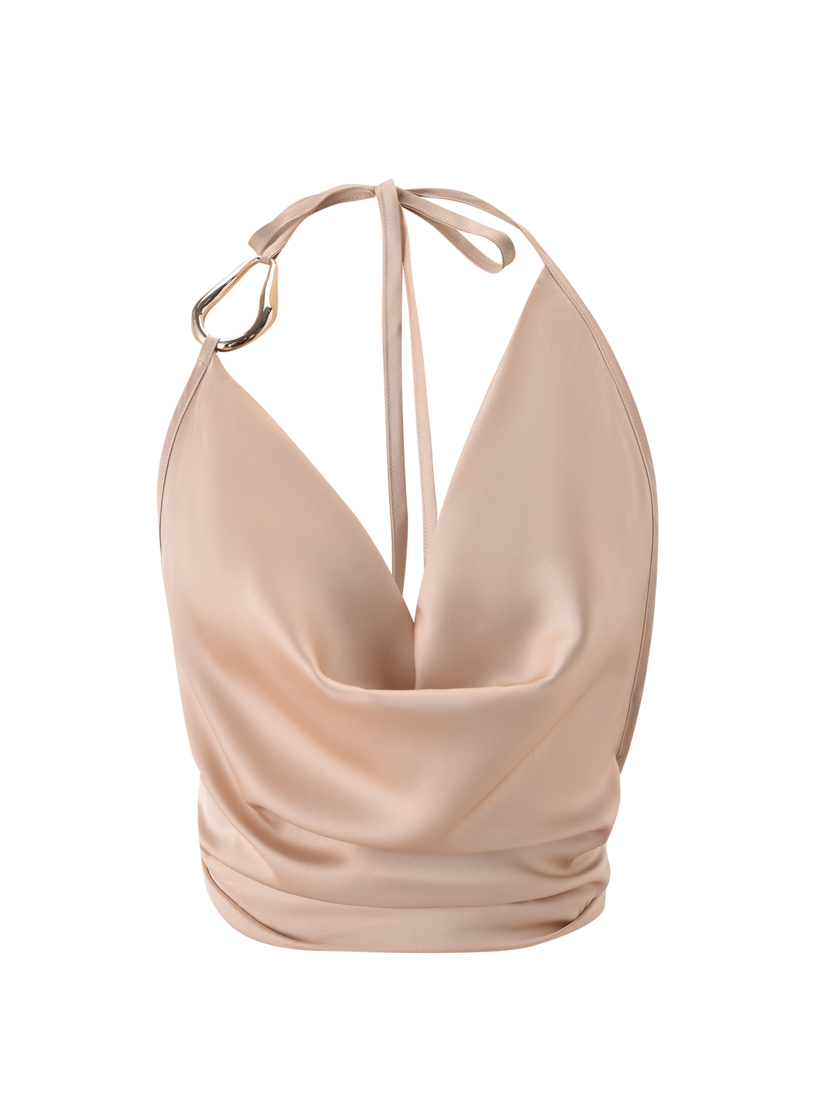 The TIGERMIST CYRENE SATIN COWL TOP in gold features a light beige satin fabric, deep cowl neckline, open back, adjustable halter neck strap, and a gold metal ring detail. Soft draping enhances the front.