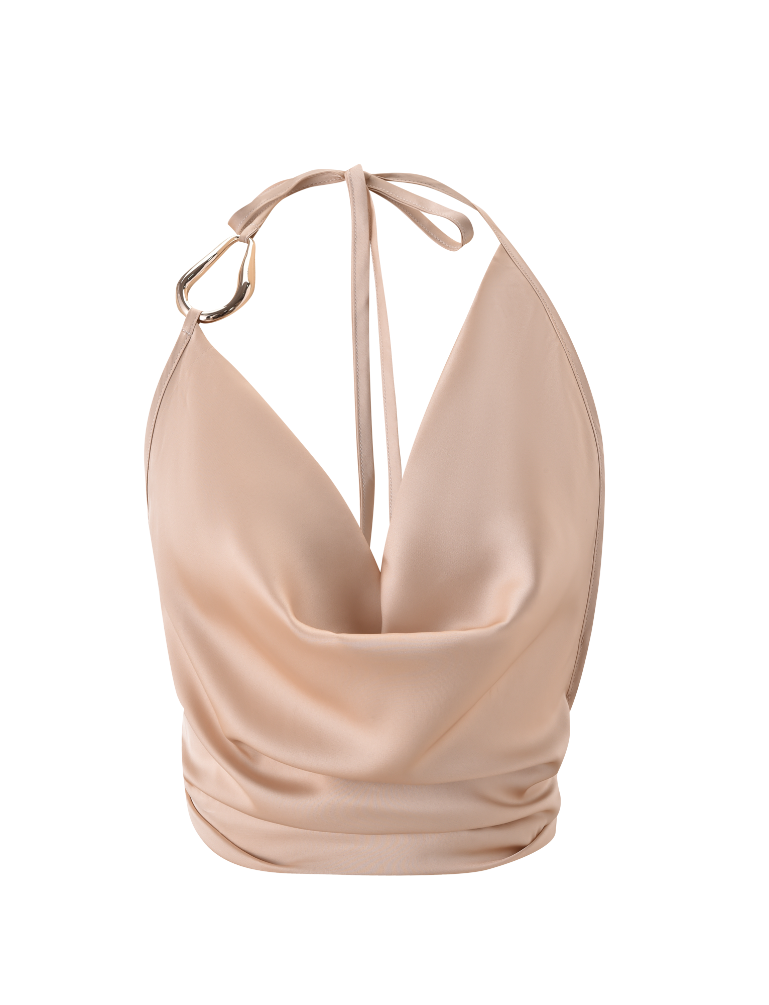 The TIGERMIST CYRENE SATIN COWL TOP in gold features a light beige satin fabric, deep cowl neckline, open back, adjustable halter neck strap, and a gold metal ring detail. Soft draping enhances the front.
