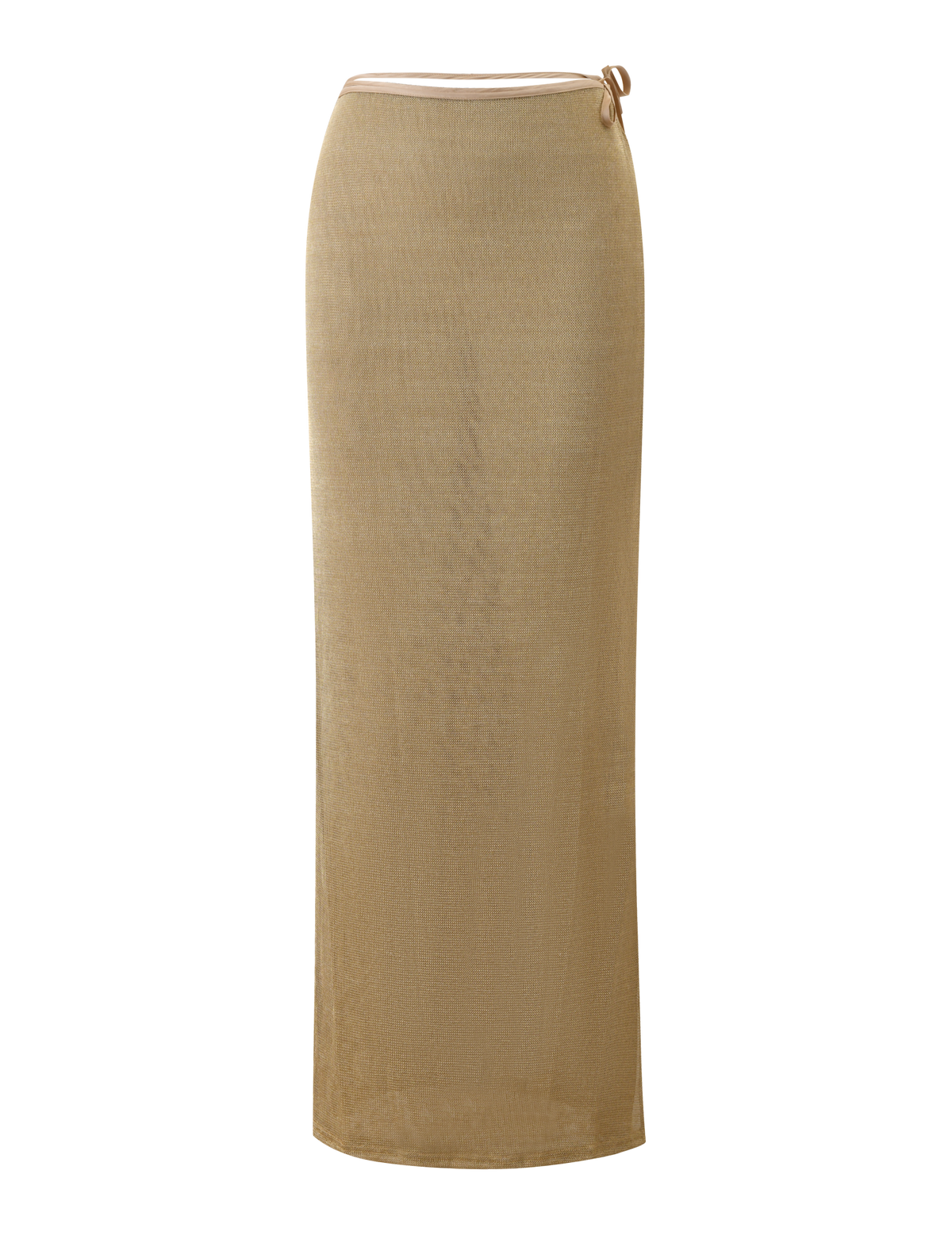 The TIGERMIST CYRENE TIE MAXI SKIRT in gold is a long, fitted, semi-sheer metallic knit skirt featuring a high waist and a small tie detail at the waistband, shown against a plain white background.