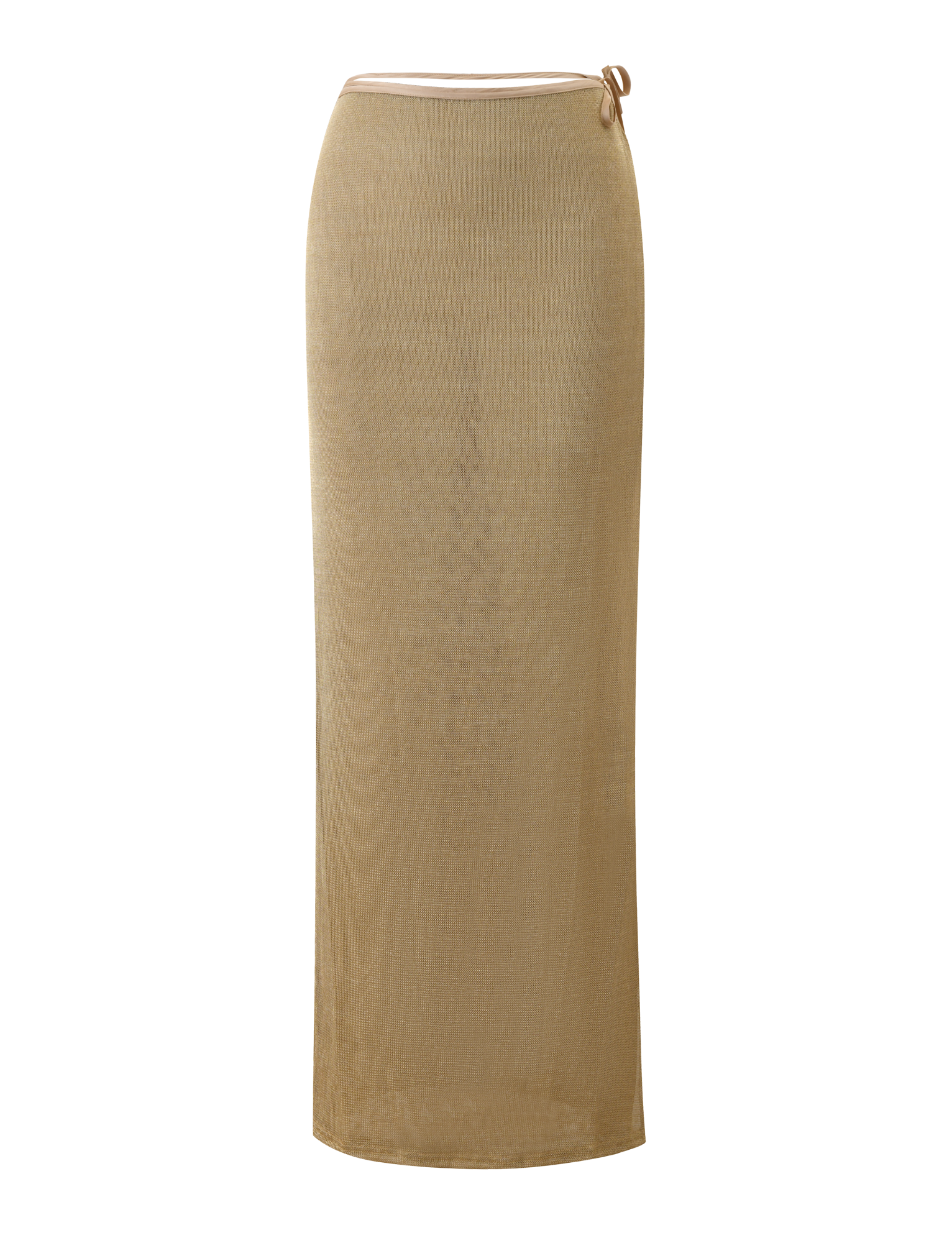 The TIGERMIST CYRENE TIE MAXI SKIRT in gold is a long, fitted, semi-sheer metallic knit skirt featuring a high waist and a small tie detail at the waistband, shown against a plain white background.