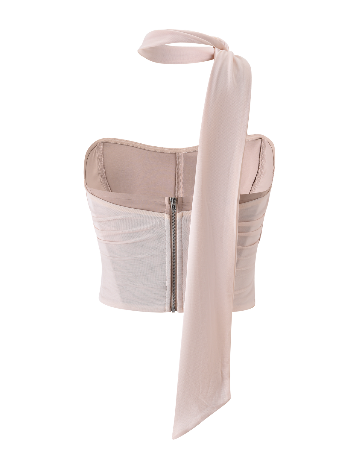 The TIGERMIST TERESE FLORAL APPLIQUE CORSET in tan is sleeveless, features metallic gold floral appliques, a back zipper, and comes with a long matching scarf tie on one shoulder, shown against a white background.