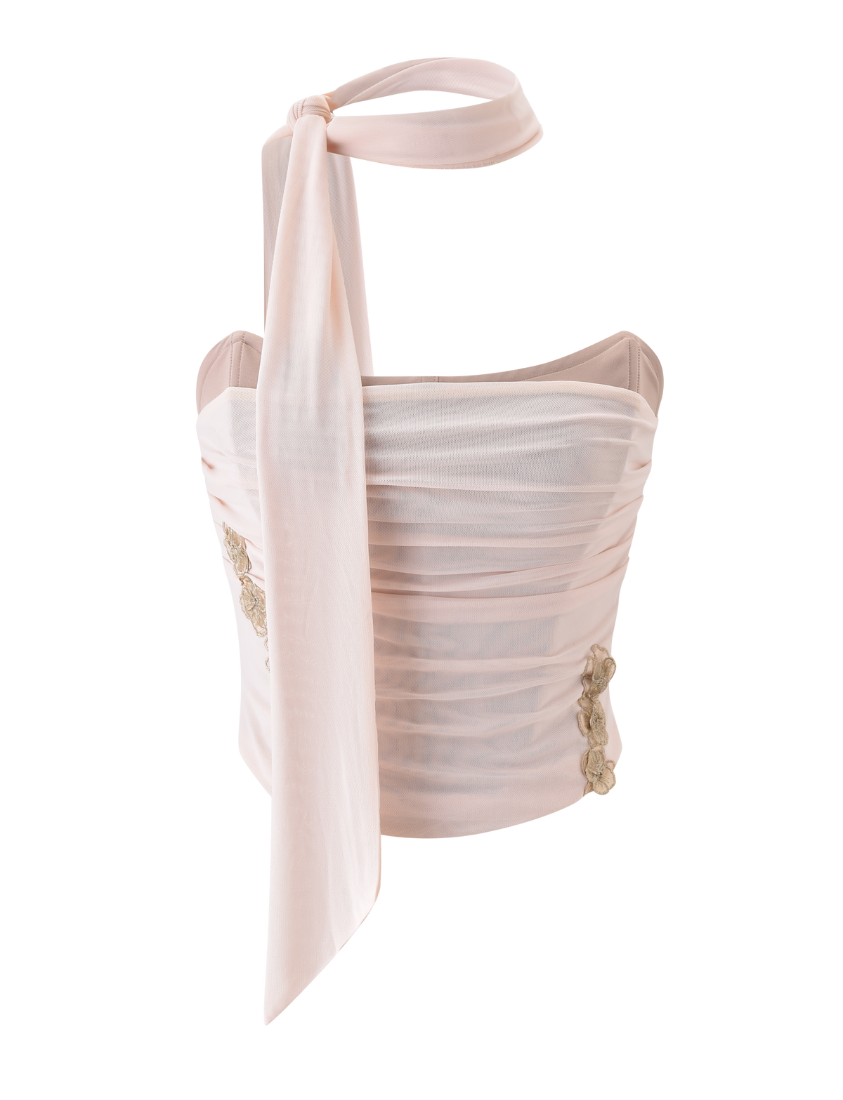 The TIGERMIST TERESE FLORAL APPLIQUE CORSET in tan is a ruched crop top with metallic gold floral appliques and a wide halter neck tie, shown on a white background.