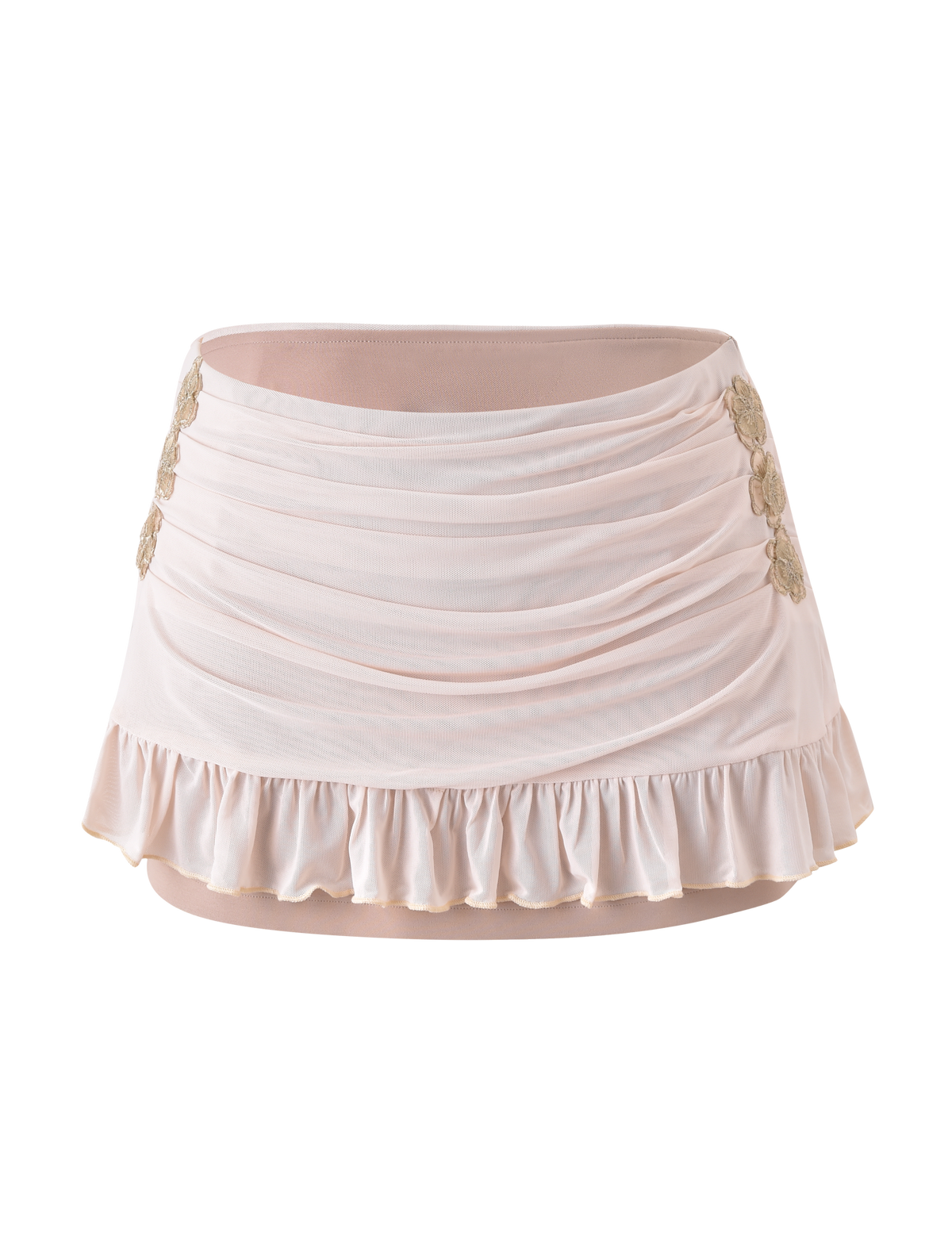 The TIGERMIST TERESE FLORAL APPLIQUE SKIRT in tan is a ruched mini skirt with a ruffled hem and gold floral appliques on the sides, shown against a plain white background.
