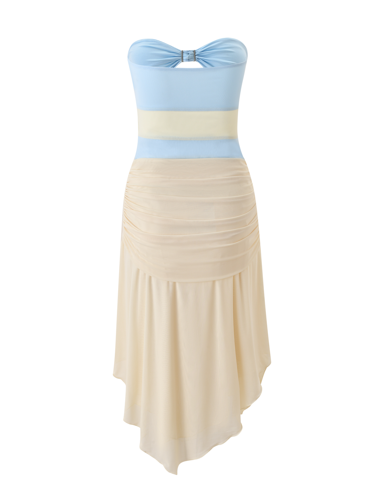 The TWYLA MIDI DRESS by TIGERMIST features a strapless, fitted light blue and cream bandeau top with a sweetheart neckline and central bow, plus a flowing cream skirt with an asymmetrical hem. Shown on a plain white background.