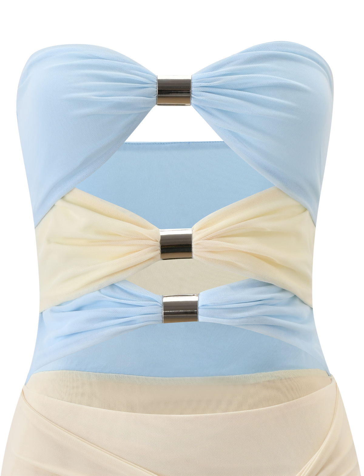 The TWYLA MIDI DRESS by TIGERMIST features a strapless sweetheart neckline, twisted cream and blue panels, silver cylindrical hardware gathering for a ruched geometric bodice, and an asymmetrical hem.