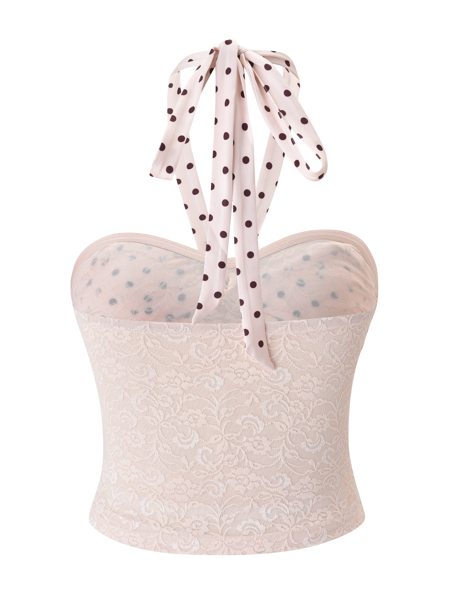 The KAYLI TOP - CREAM by TIGERMIST is a light pink lace strapless top with a sheer polka dot mesh overlay and matching halter tie, shown on a plain white background.
