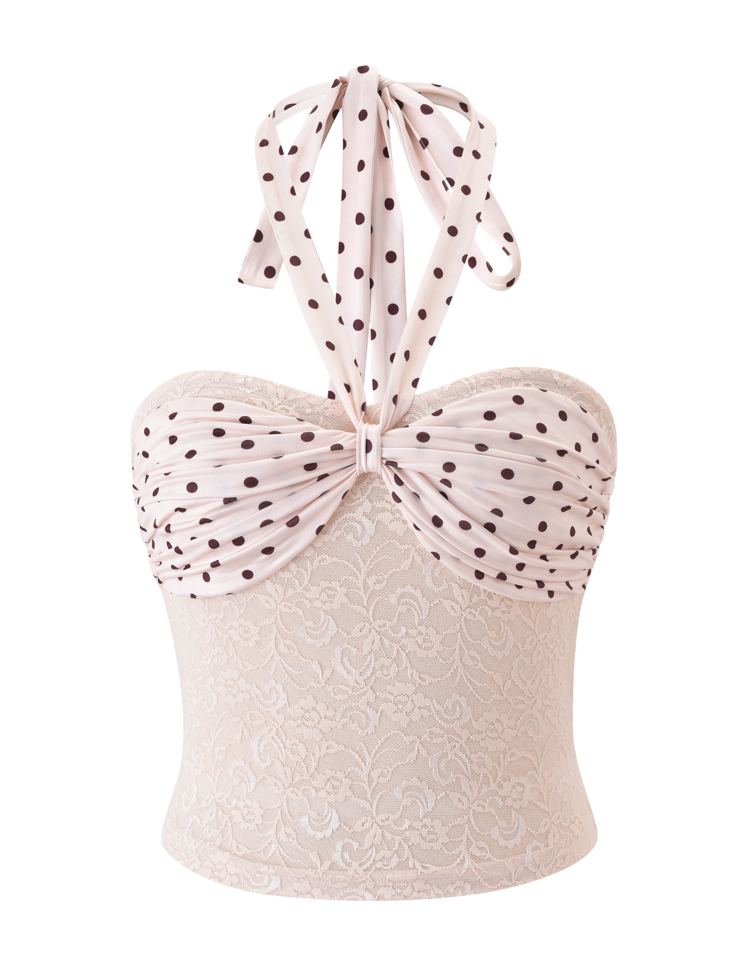The KAYLI TOP - CREAM by TIGERMIST is a strapless lace bustier with a sweetheart neckline, white polka dot halter tie, and gathered front detail.