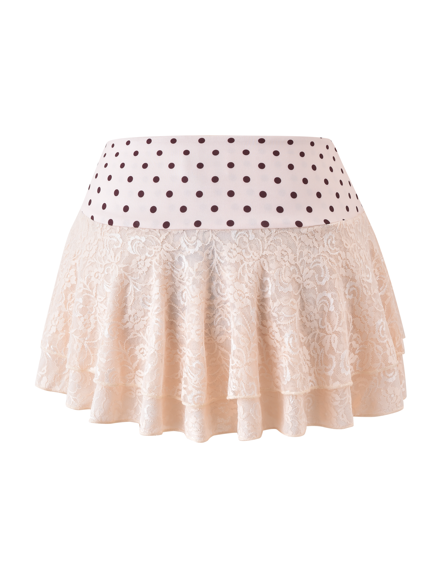 The KAYLI MINI SKIRT by TIGERMIST is a cream-colored, tiered lace skirt with a flared ruffled hem, wide waistband, and features brown polka dots on a white background.