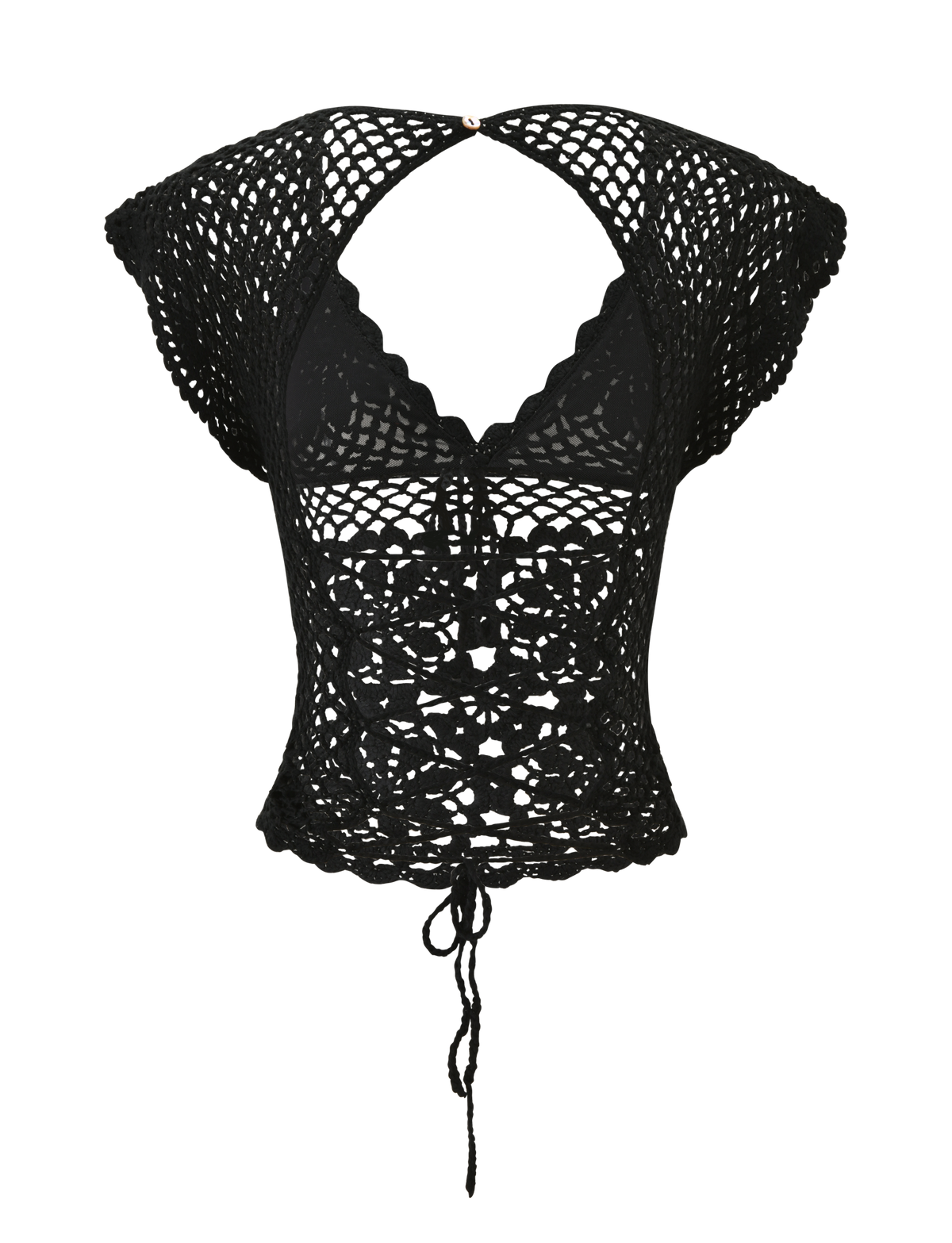 The SASHA CROCHET TOP - BLACK by TIGERMIST features short, wide sleeves, scalloped edges, a halter neckline, front tie closure, and intricate openwork florals—ideal for resort styling.