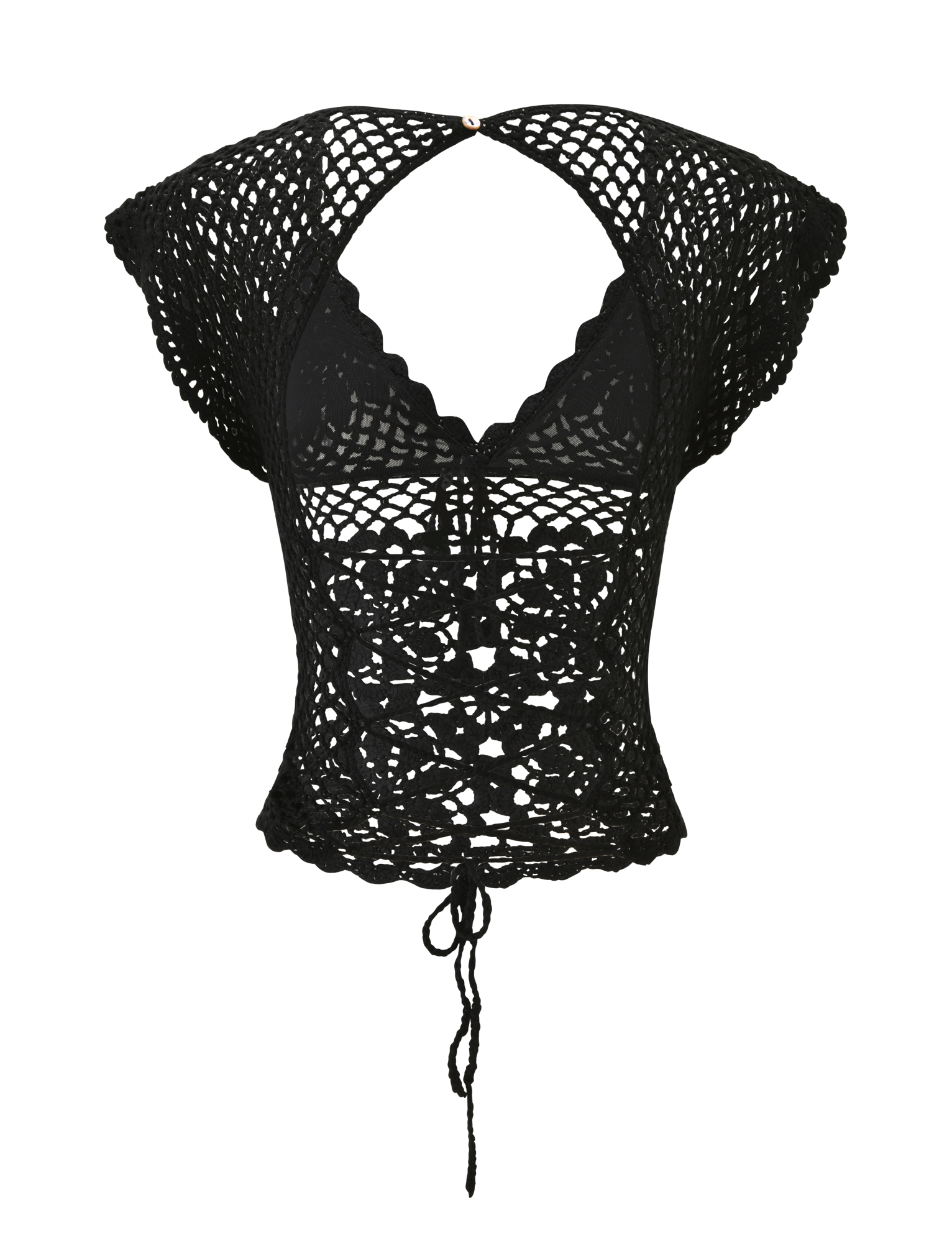 The SASHA CROCHET TOP - BLACK by TIGERMIST features short, wide sleeves, scalloped edges, a halter neckline, front tie closure, and intricate openwork florals—ideal for resort styling.