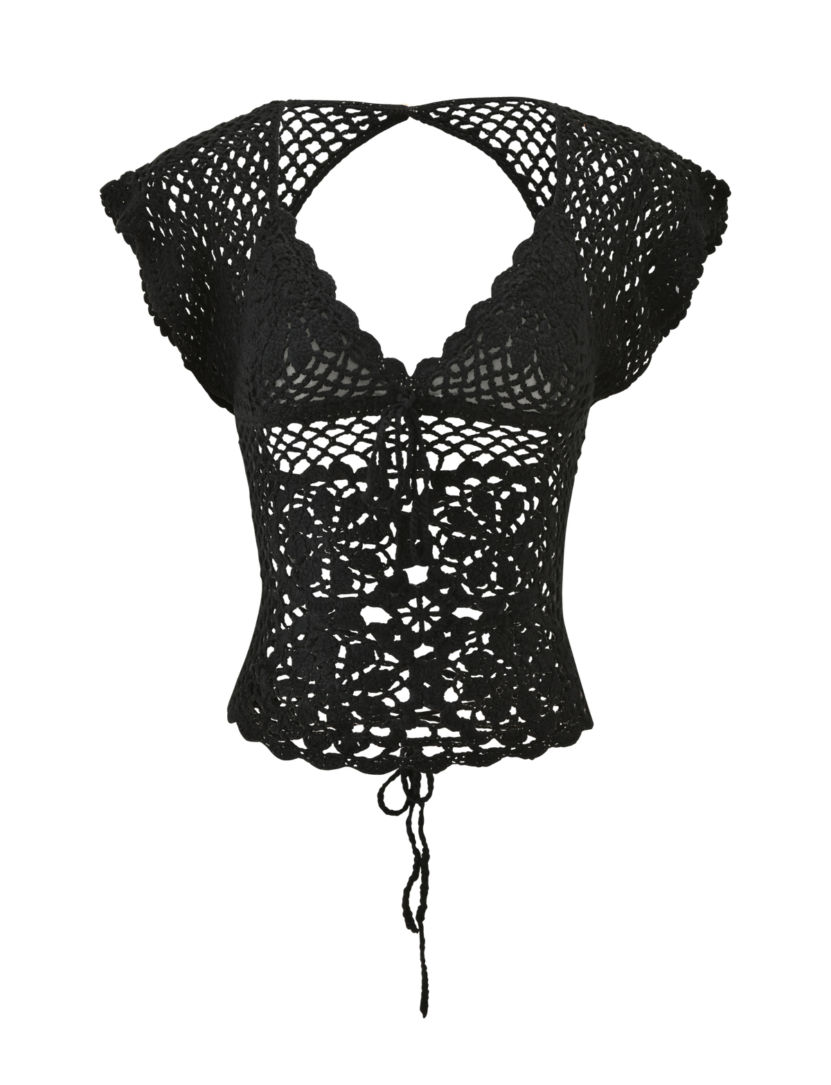 The SASHA CROCHET TOP - BLACK by TIGERMIST features a halter neckline, front tie closure, scalloped edges, open knit floral pattern, and lace up back—ideal for resort styling. Displayed on a white background.