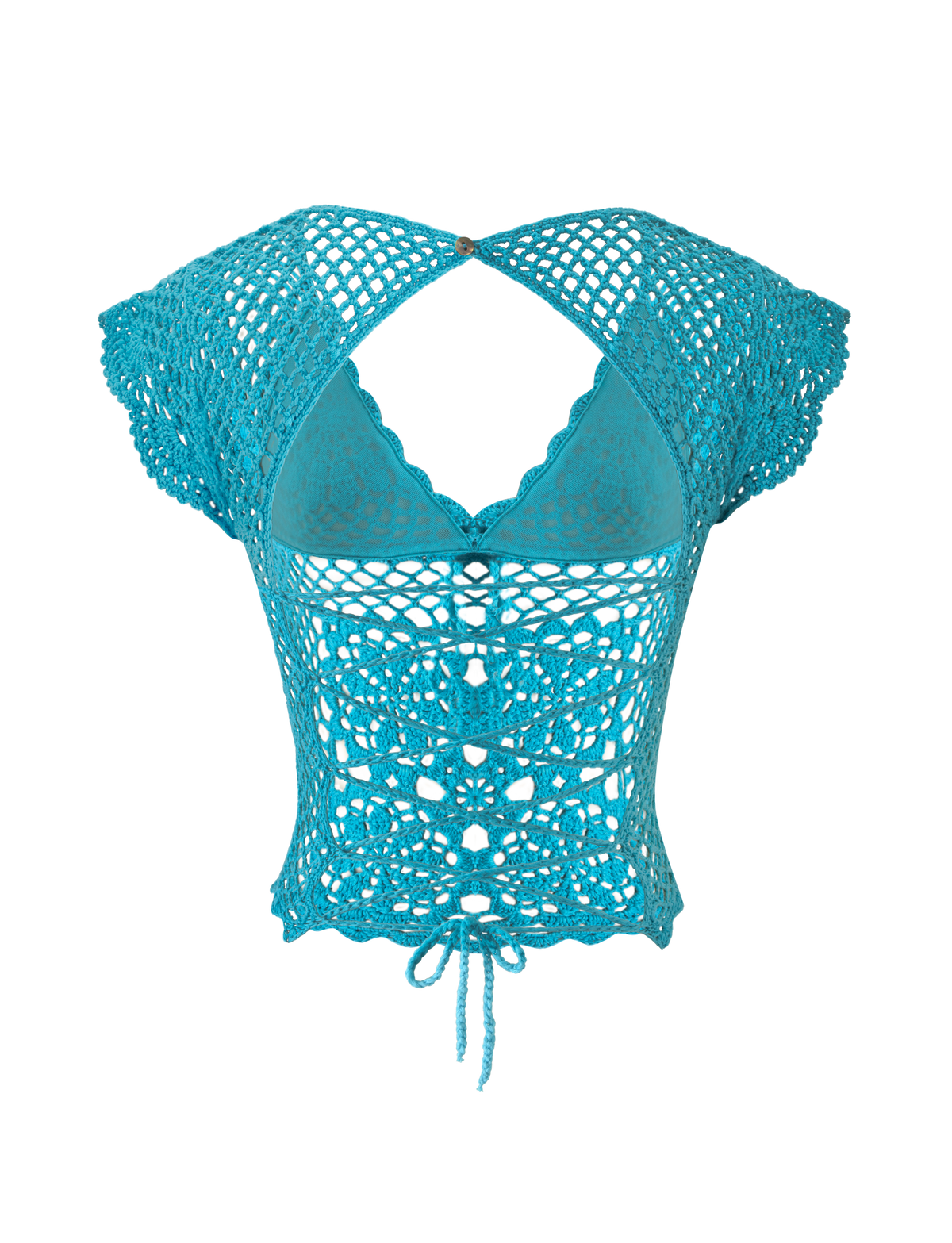 SASHA CROCHET TOP - AQUA in bright aqua blue with an open back, triangle-shaped cup detailing, and a tie at the bottom hem.