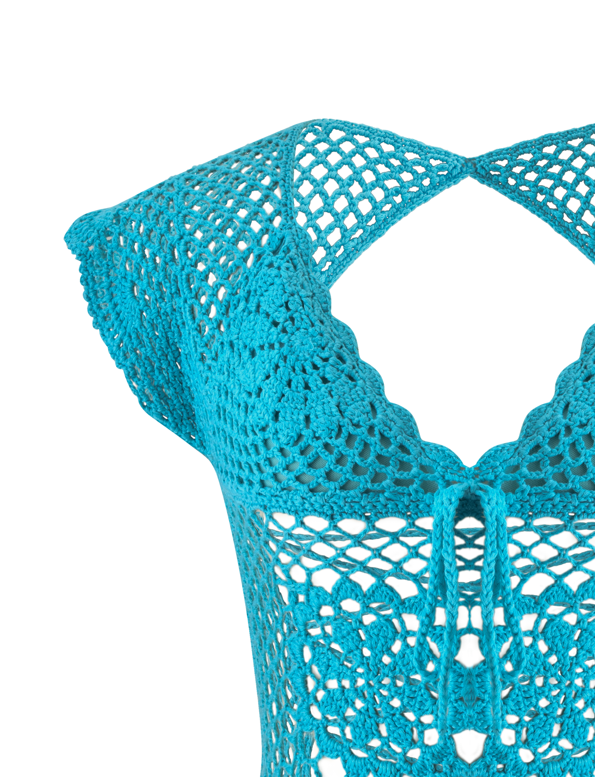 SASHA CROCHET TOP - AQUA in bright turquoise with cap sleeves, a scalloped neckline, and an open knit pattern in an aqua blue hue.