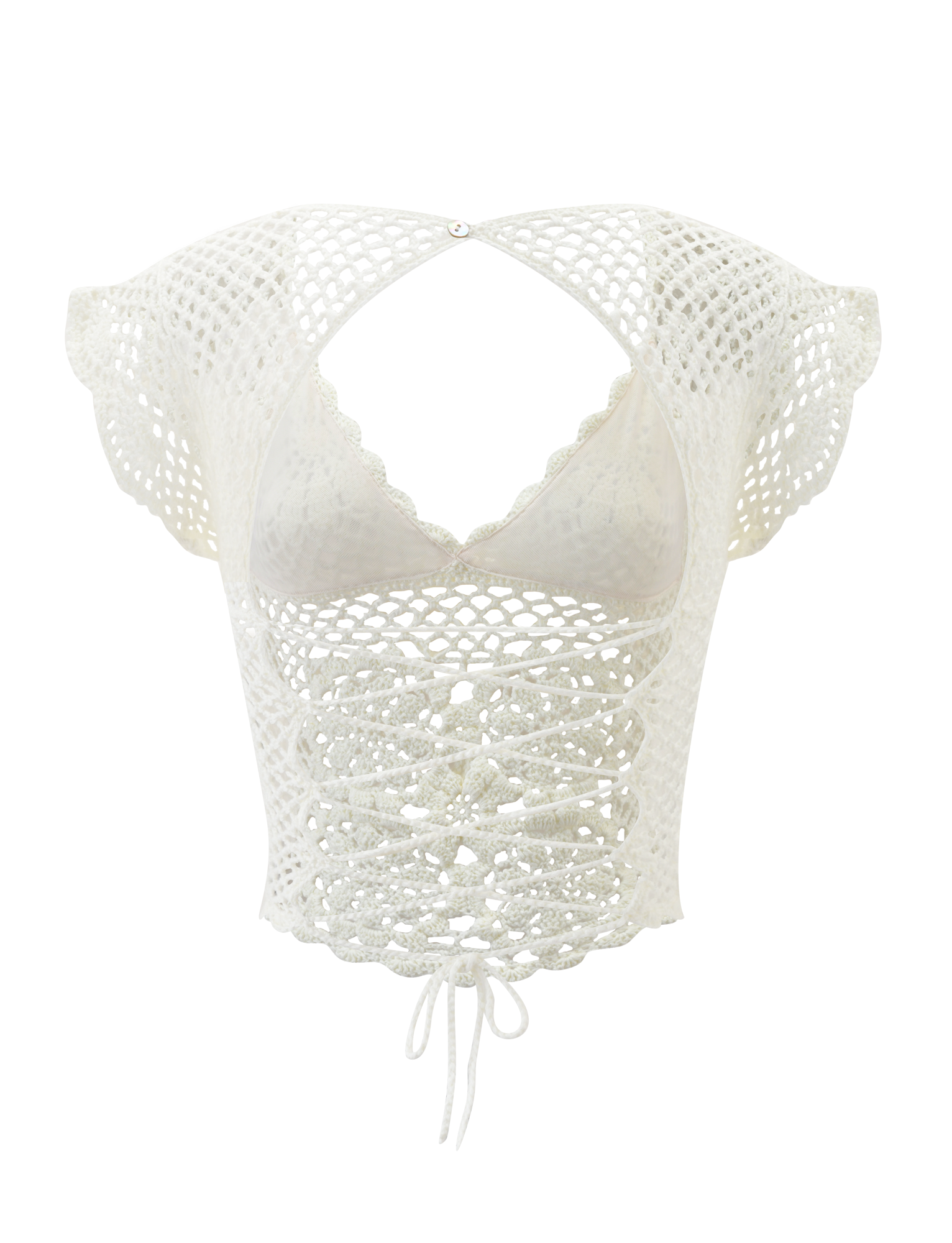 The SASHA CROCHET TOP - IVORY by TIGERMIST is a white crochet lace crop top with corset-style details, scalloped cap sleeves, an open chest cutout, and a waist tie.