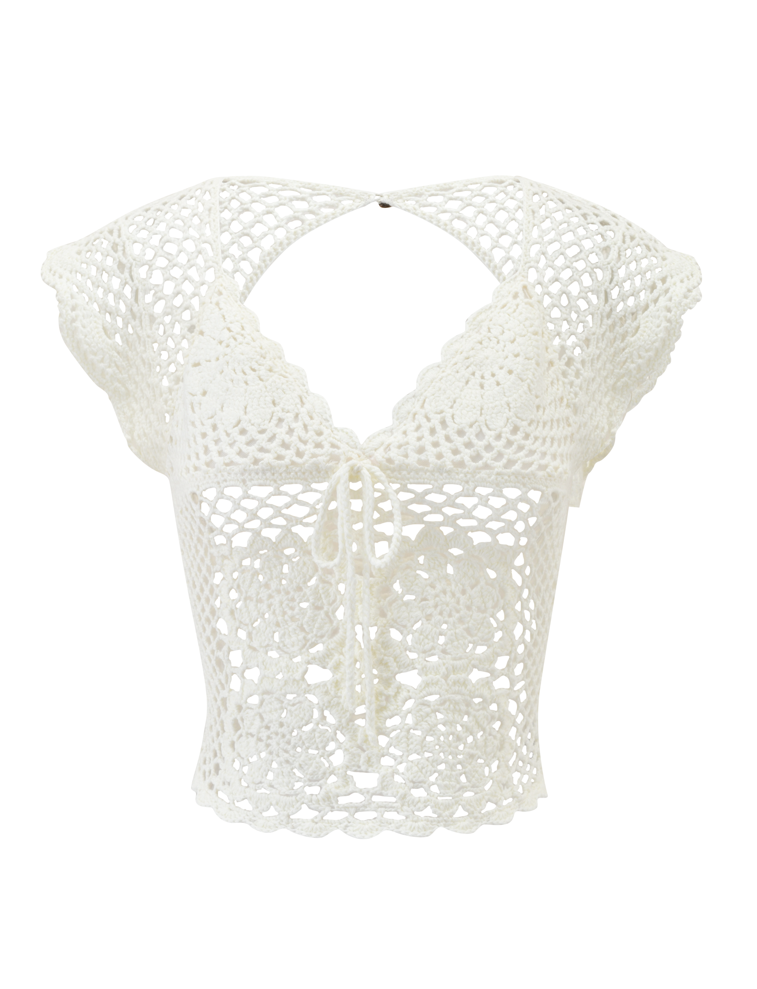 The SASHA CROCHET TOP - IVORY by TIGERMIST features corset-style details, scalloped cap sleeves, a tie-front closure, and intricate openwork floral patterns.
