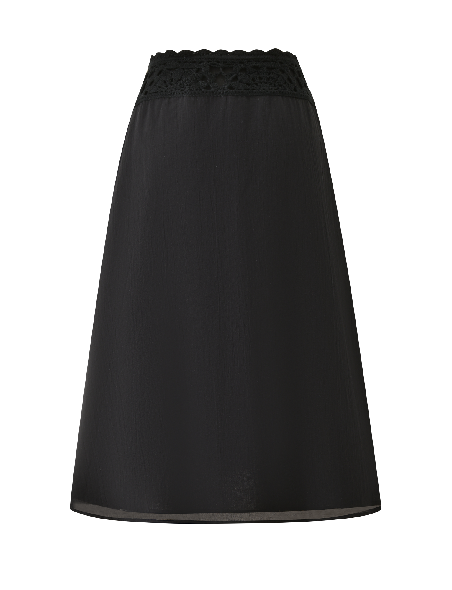 The TIGERMIST SASHA CROCHET MIDI SKIRT in black is an A-line, high-waisted cotton poplin skirt featuring a scalloped lace-trimmed waistband, shown against a white background.