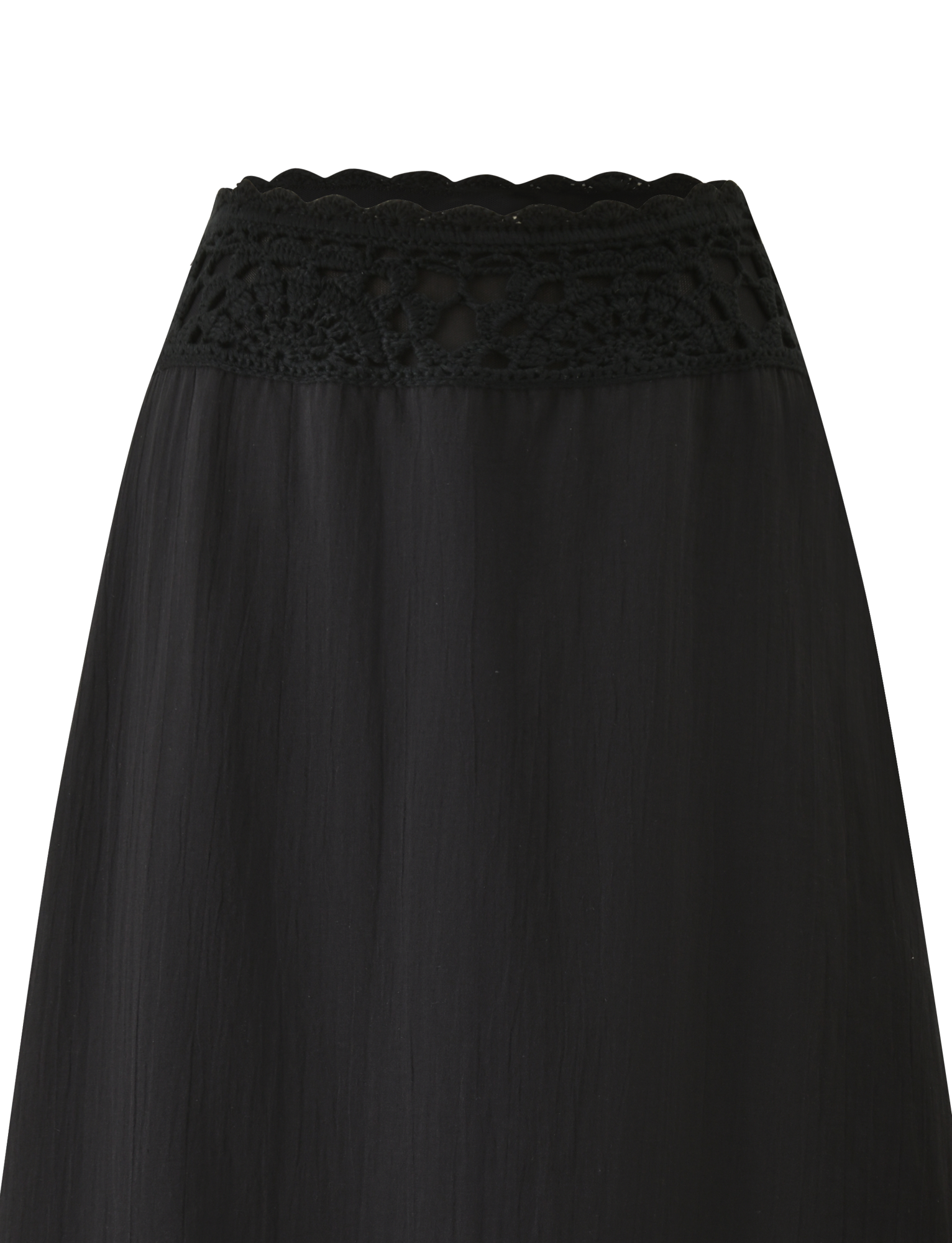 A detailed view of the TIGERMIST SASHA CROCHET MIDI SKIRT – BLACK, showcasing its softly textured fabric and scalloped crochet waistband, set against a plain white background.