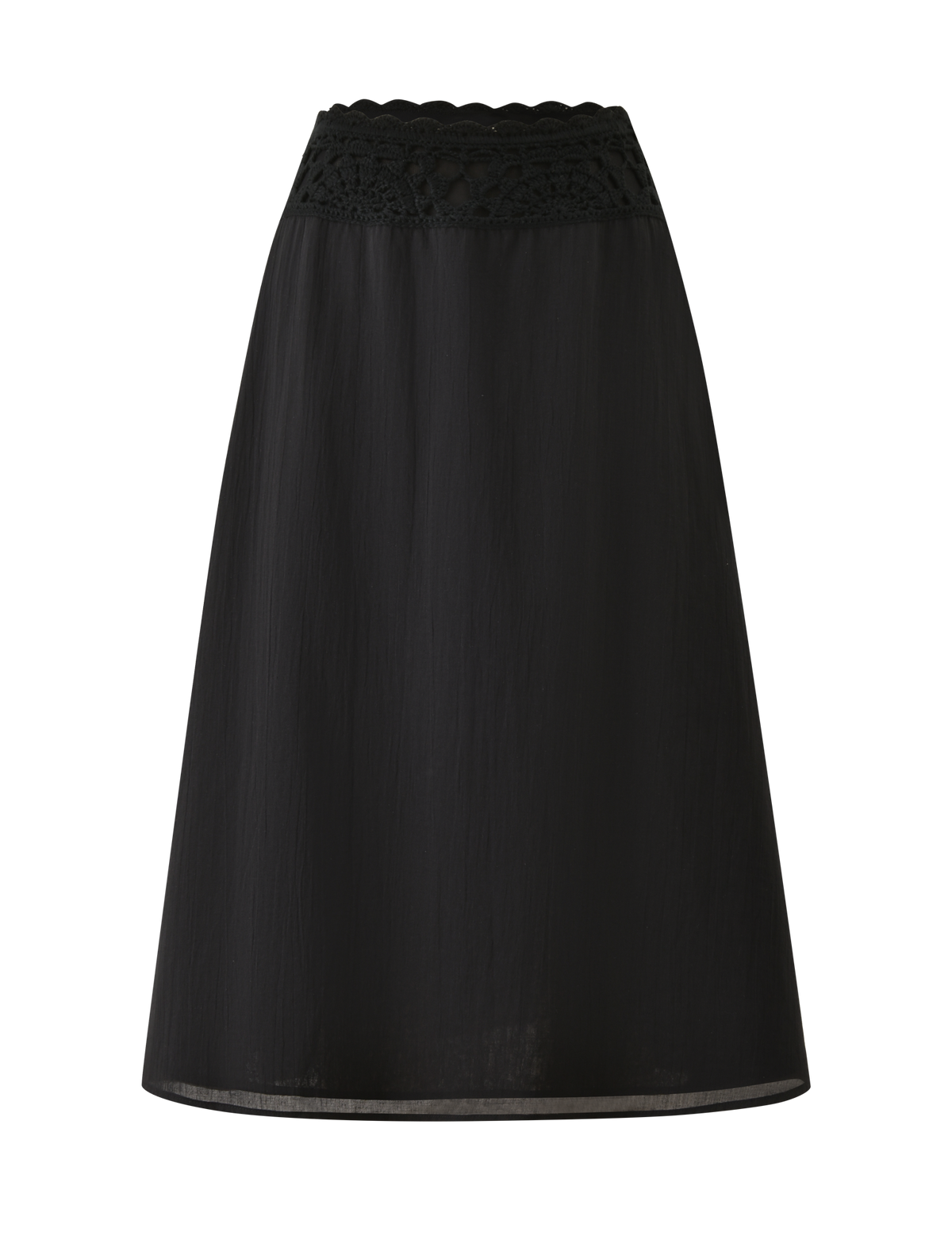 The TIGERMIST SASHA CROCHET MIDI SKIRT in black features an A-line silhouette, a scalloped crochet waistband, lace detailing near the top, and a slightly sheer cotton poplin fabric for an elegant look.