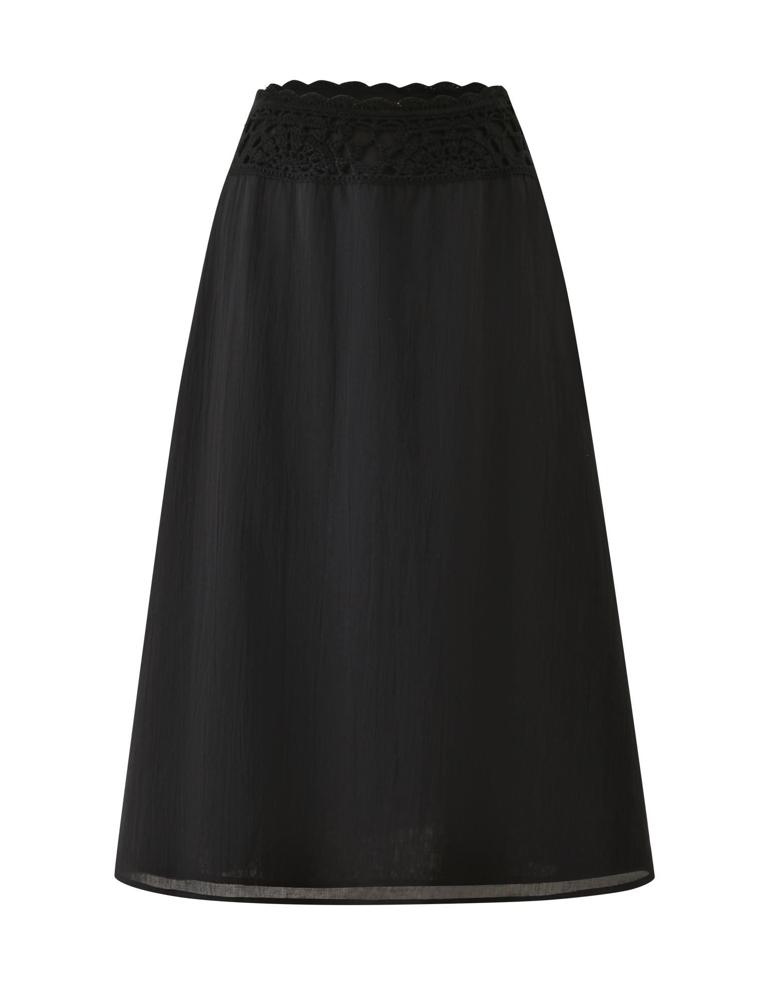 The TIGERMIST SASHA CROCHET MIDI SKIRT in black features an A-line silhouette, a scalloped crochet waistband, lace detailing near the top, and a slightly sheer cotton poplin fabric for an elegant look.