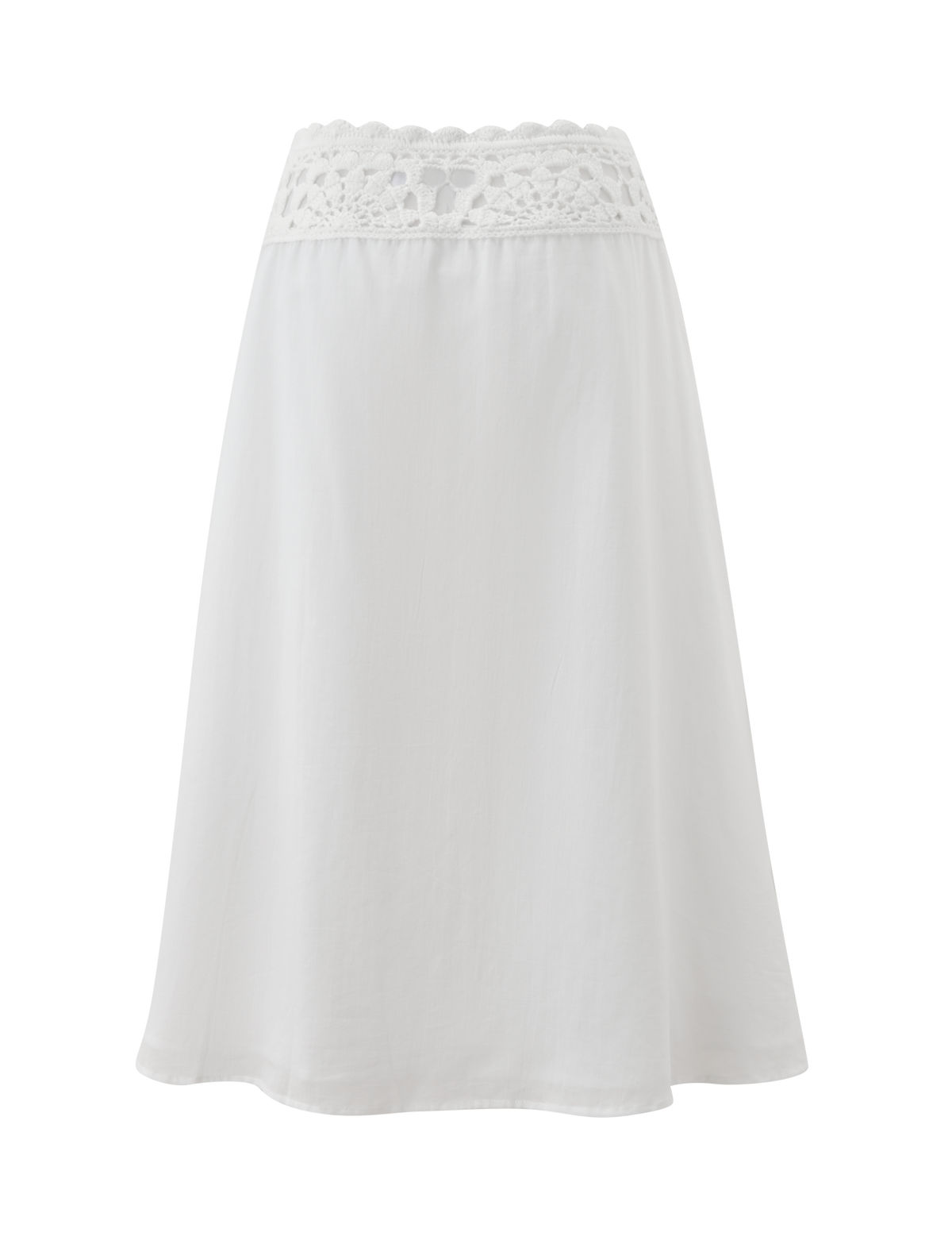 The SASHA CROCHET MIDI SKIRT - IVORY by TIGERMIST is a white cotton poplin A-line midi skirt featuring a wide decorative crochet waistband, displayed against a plain white background.