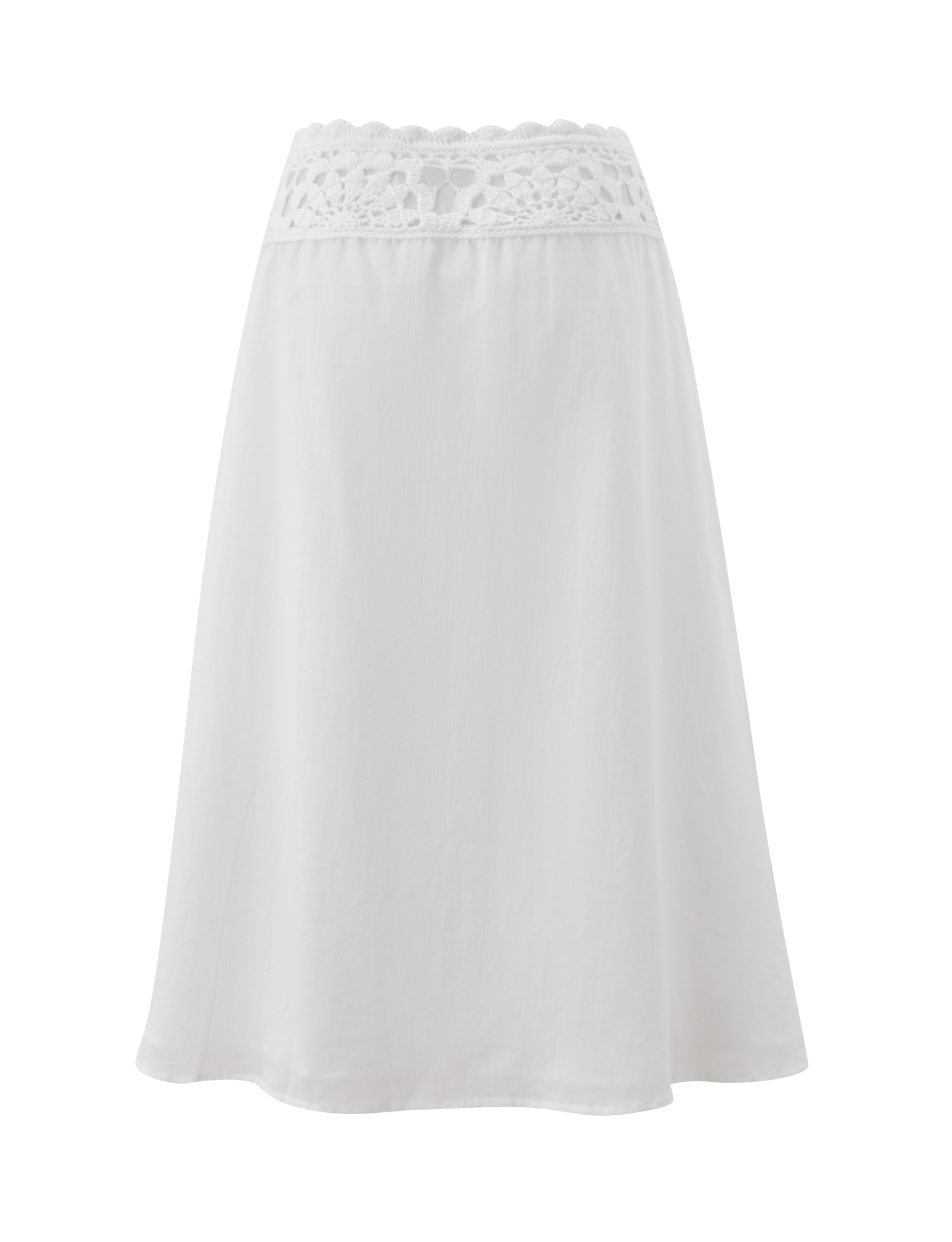 The TIGERMIST SASHA MIDI SKIRT - IVORY is a white A-line midi skirt made from lightweight cotton with a wide, intricate crochet waistband, shown against a plain white background.