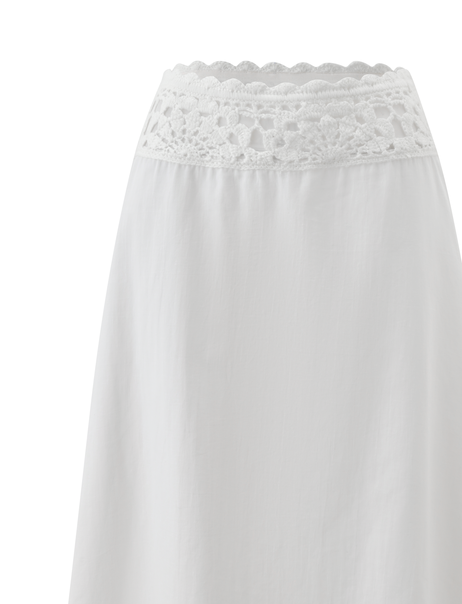A close-up of the TIGERMIST SASHA MIDI SKIRT - IVORY, showcasing its scalloped crochet waistband and smooth, ivory cotton A-line silhouette.