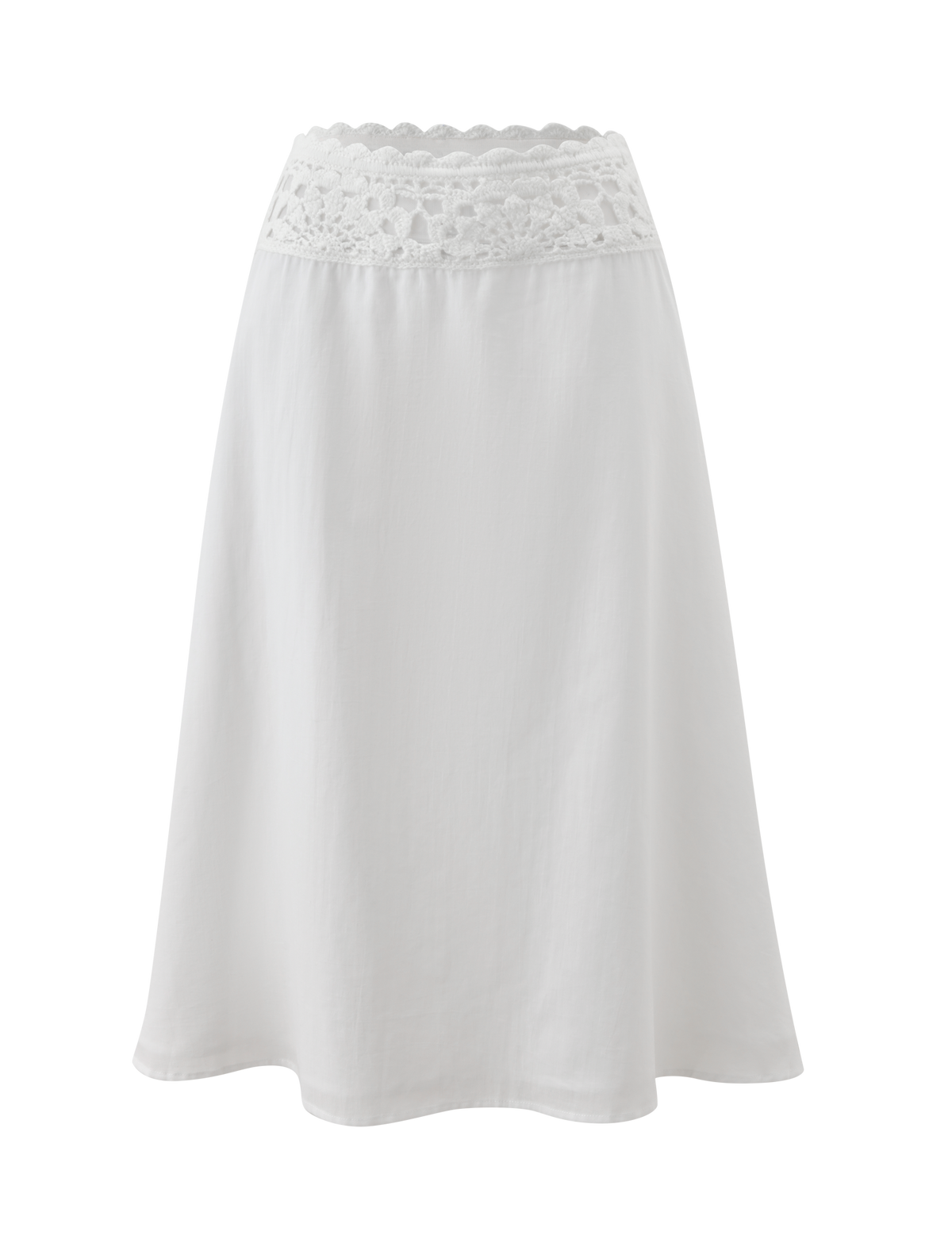 The TIGERMIST SASHA CROCHET MIDI SKIRT in ivory features a scalloped crochet waistband and flowing cotton poplin fabric, shown against a plain white background.