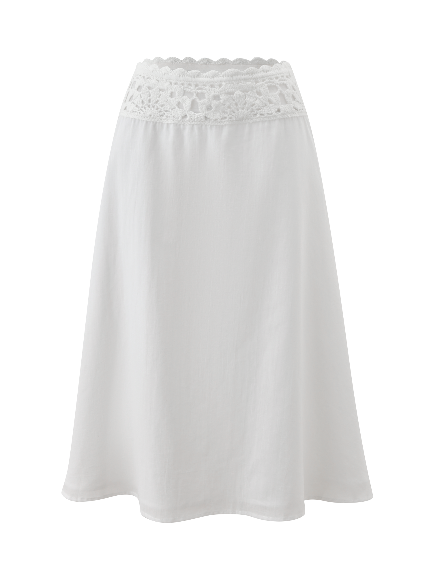 The TIGERMIST SASHA MIDI SKIRT - IVORY is an A-line cotton midi skirt with a wide decorative crochet waistband, displayed against a plain white background.