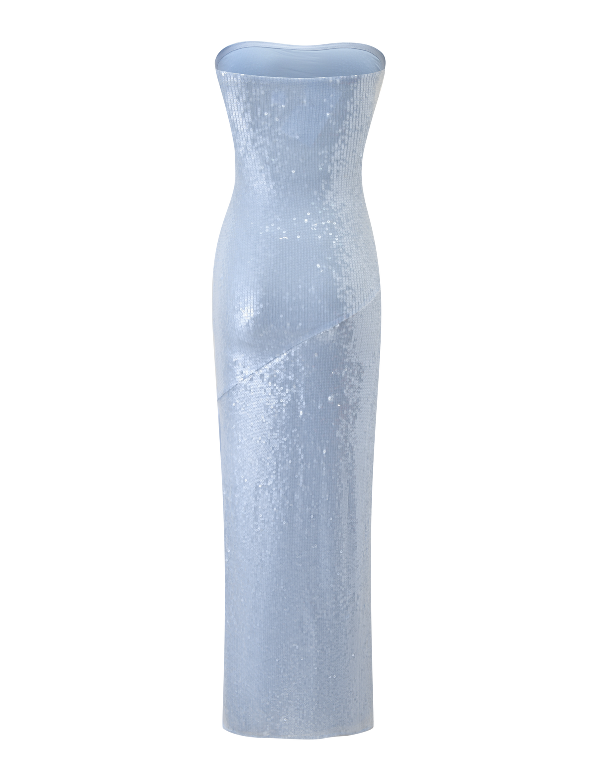 The TIGERMIST THEO SEQUIN MAXI DRESS in soft blue features a strapless bandeau neckline, fitted mermaid silhouette, sequin detailing, and subtle diagonal seams, displayed on a plain white background.