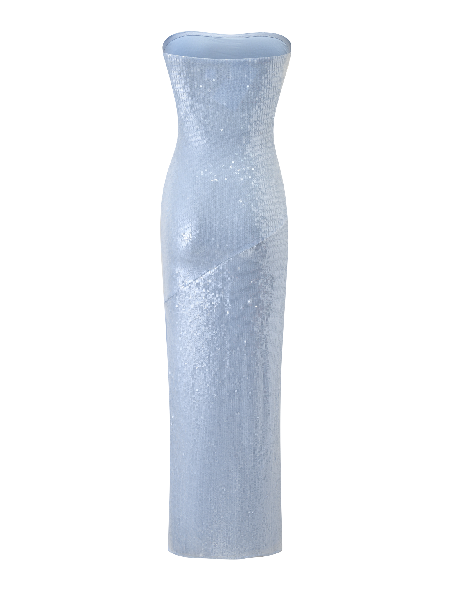The TIGERMIST THEO SEQUIN MAXI DRESS in soft blue features a strapless bandeau neckline, fitted mermaid silhouette, sequin detailing, and subtle diagonal seams, displayed on a plain white background.