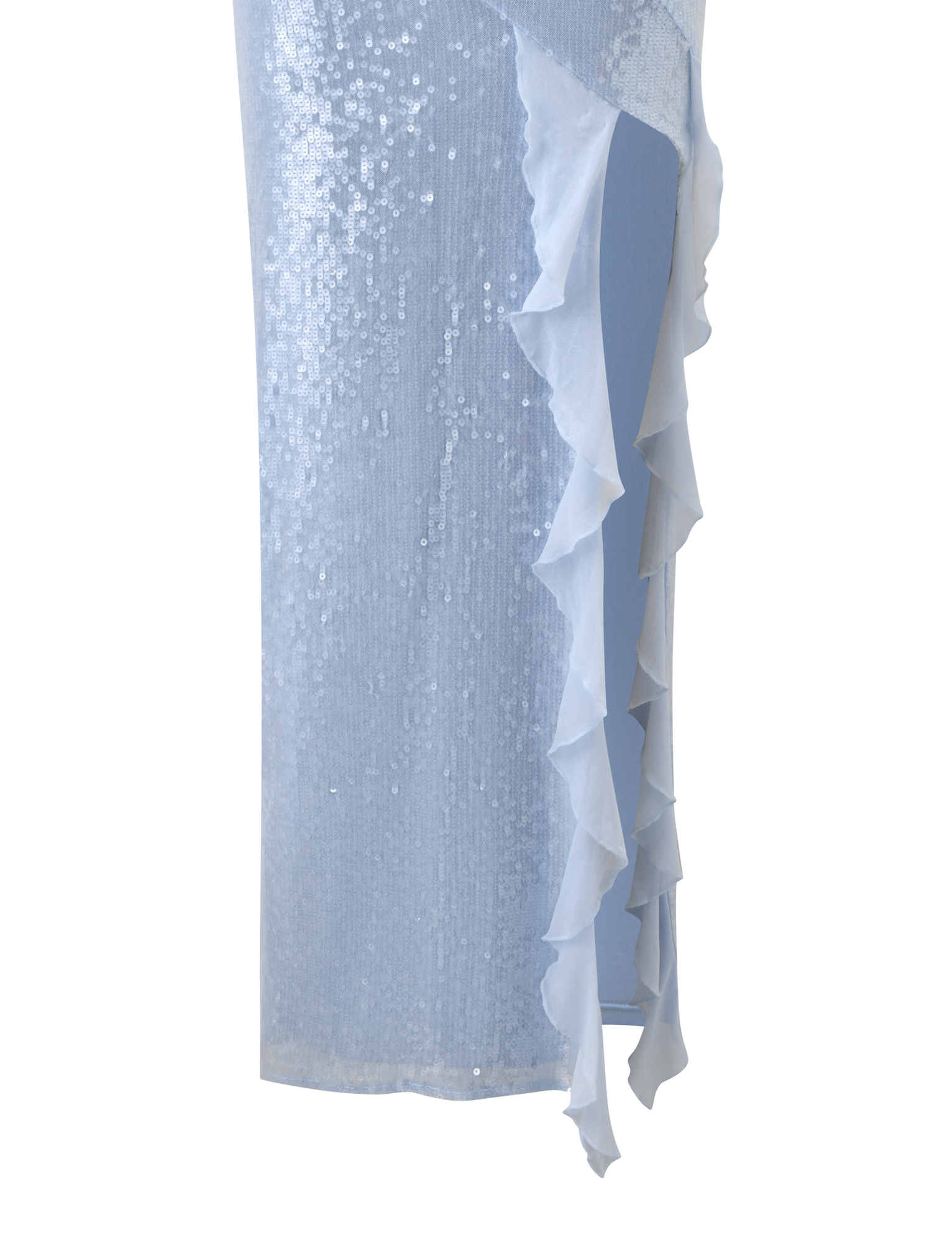 Close-up of the TIGERMIST THEO SEQUIN MAXI DRESS in soft blue, featuring shimmering sequins and ruffled sheer trim cascading down the side for an elegant, textured touch.