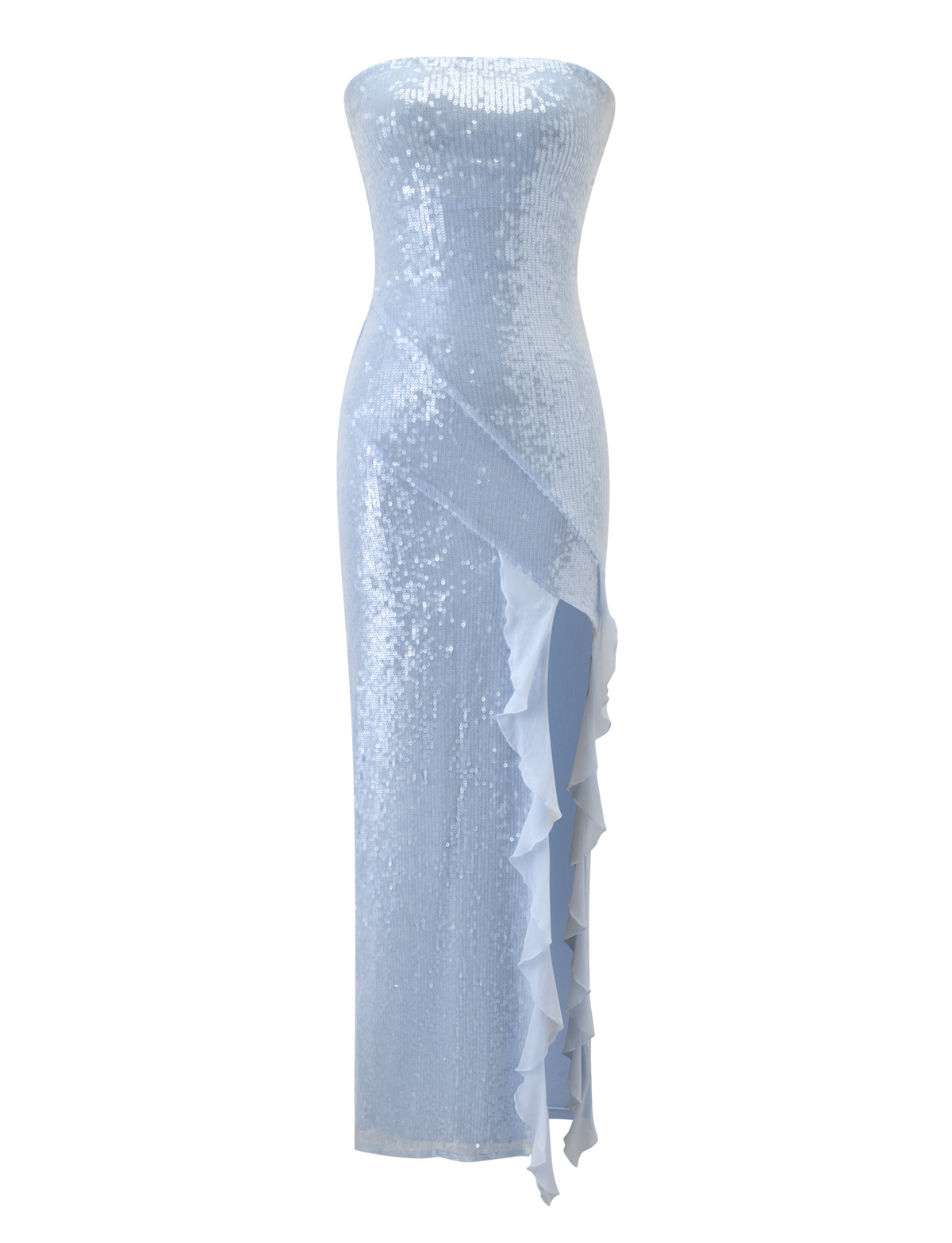 The THEO SEQUIN MAXI DRESS by TIGERMIST in soft blue features a bandeau neckline, fitted silhouette, and an asymmetrical ruffle detail for a striking floor-length look.