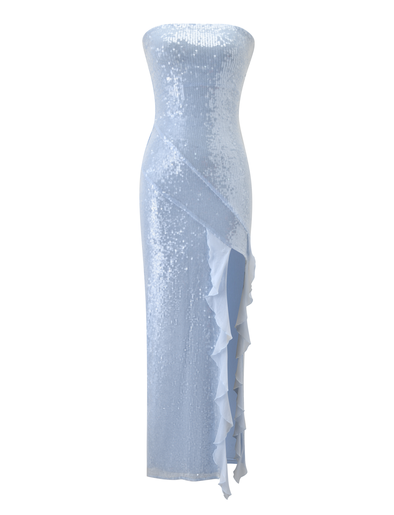 The THEO SEQUIN MAXI DRESS by TIGERMIST in soft blue features a bandeau neckline, fitted silhouette, and an asymmetrical ruffle detail for a striking floor-length look.