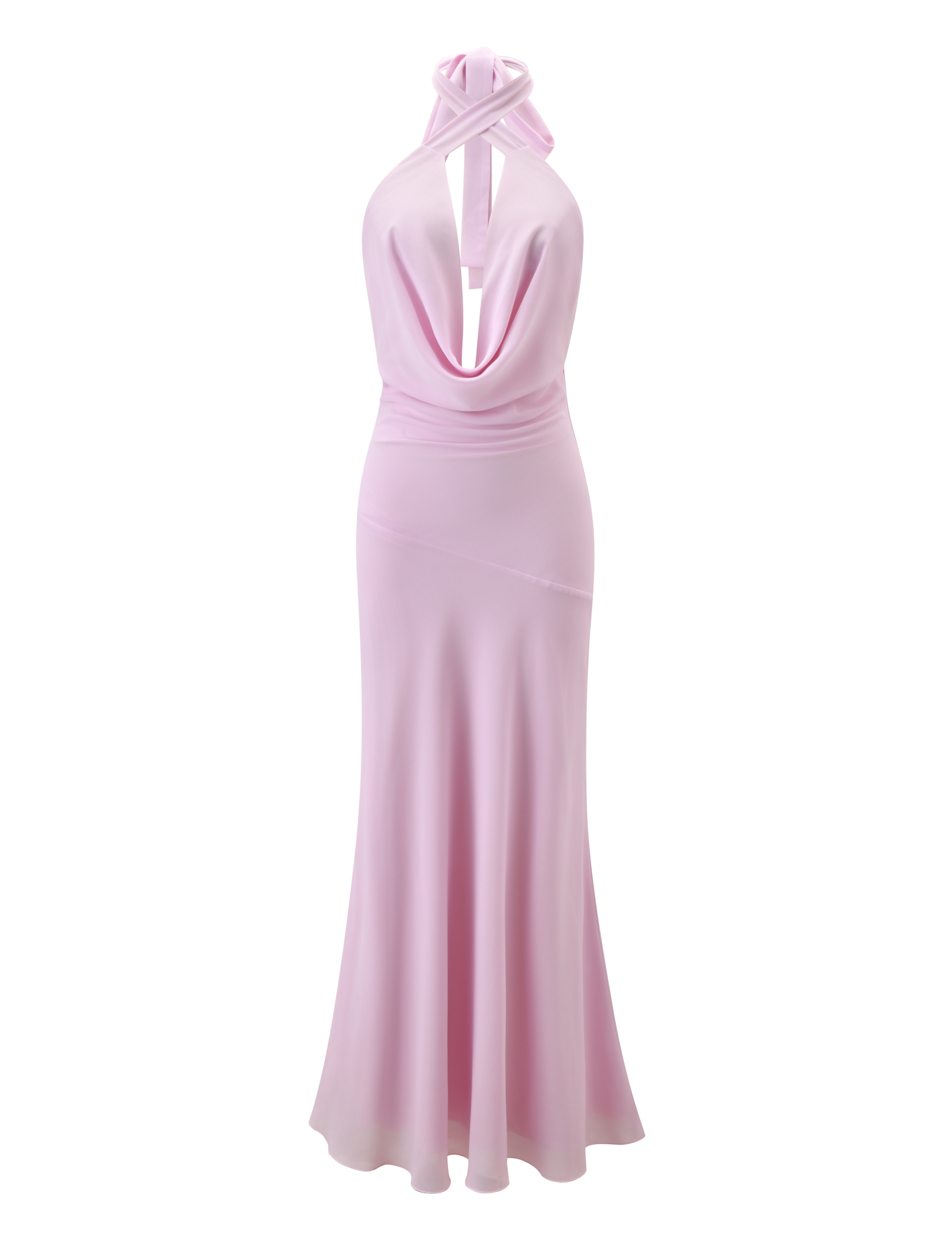 The ZYLA MAXI DRESS by TIGERMIST in baby pink features a halter neck, draped cowl neckline, fitted waist, open back, and a flowing floor-length chiffon skirt.