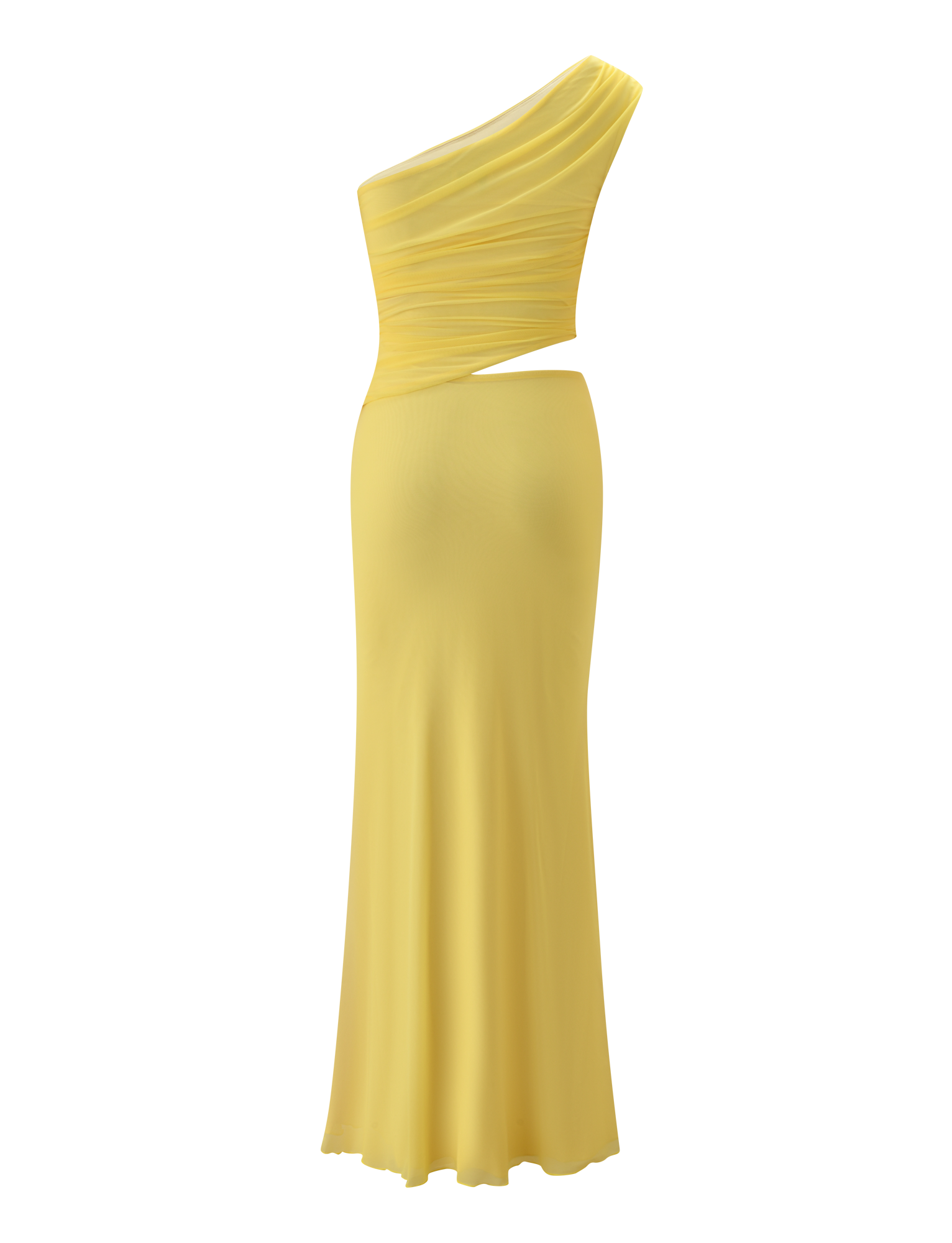 The TIGERMIST COBI 2.0 MAXI DRESS in butter yellow features an elegant asymmetrical design with a flowing skirt, fitted waist, ruched bodice, and a stylish one-shoulder neckline.