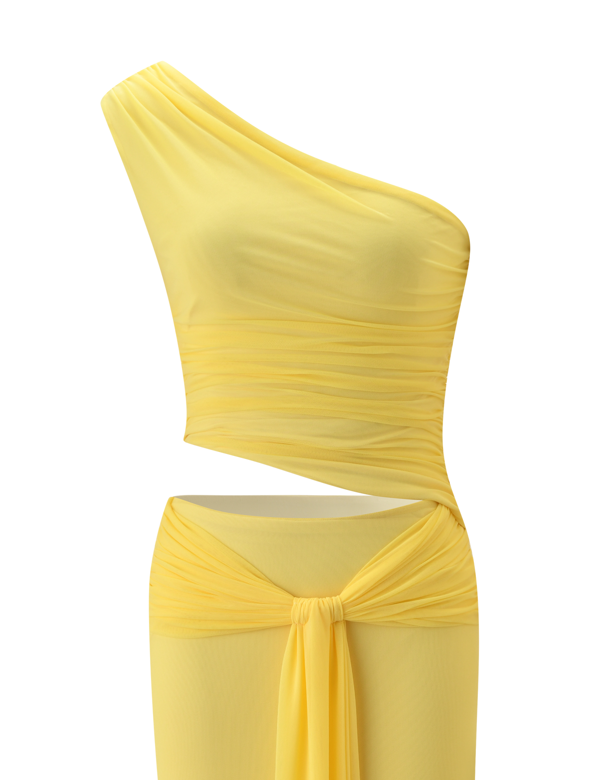The TIGERMIST COBI 2.0 MAXI DRESS in butter yellow features a one-shoulder neckline, ruched bodice, asymmetrical waist cut-out, and draped sash detail at the hips.