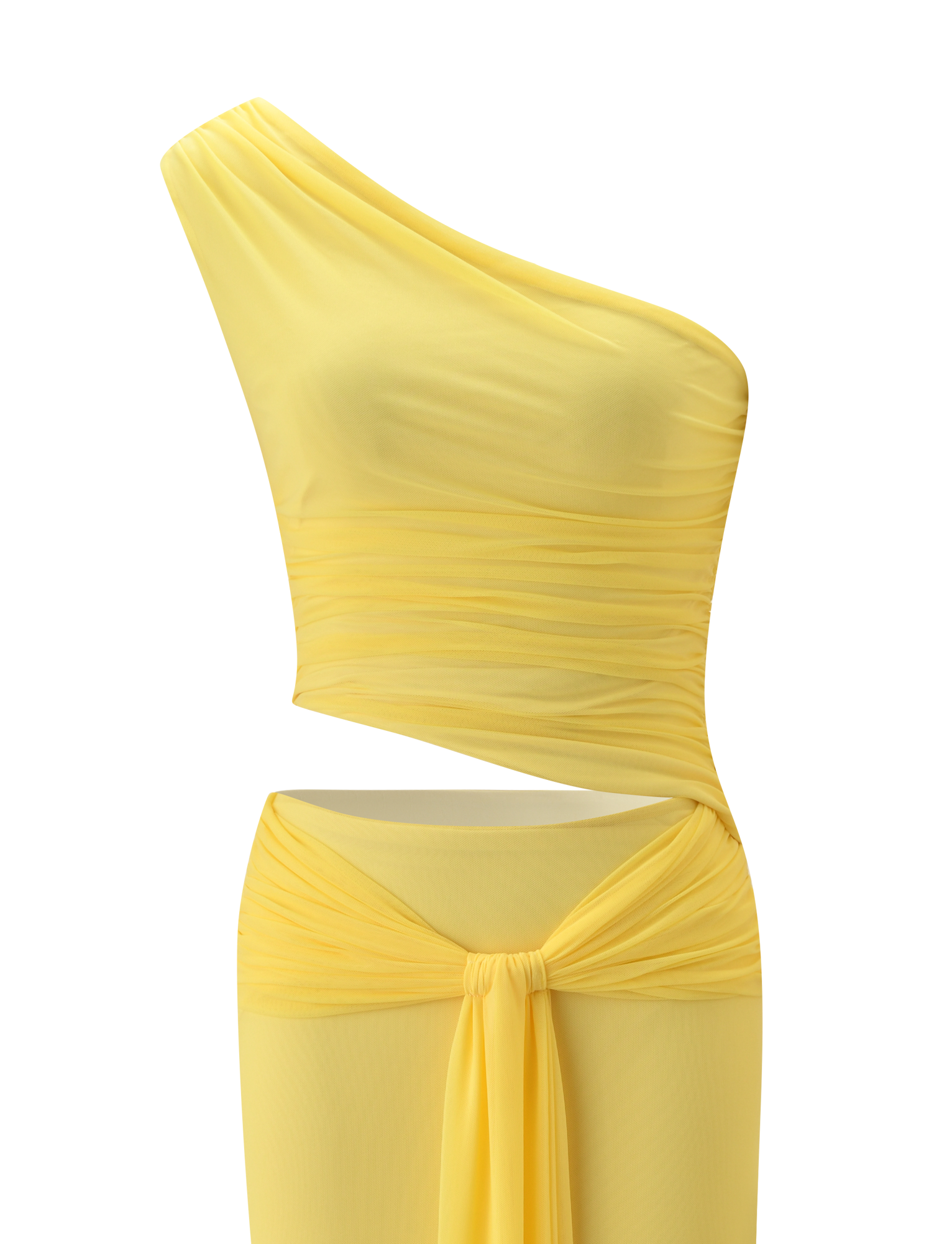 The TIGERMIST COBI 2.0 MAXI DRESS in butter yellow features a one-shoulder neckline, ruched bodice, asymmetrical waist cut-out, and draped sash detail at the hips.