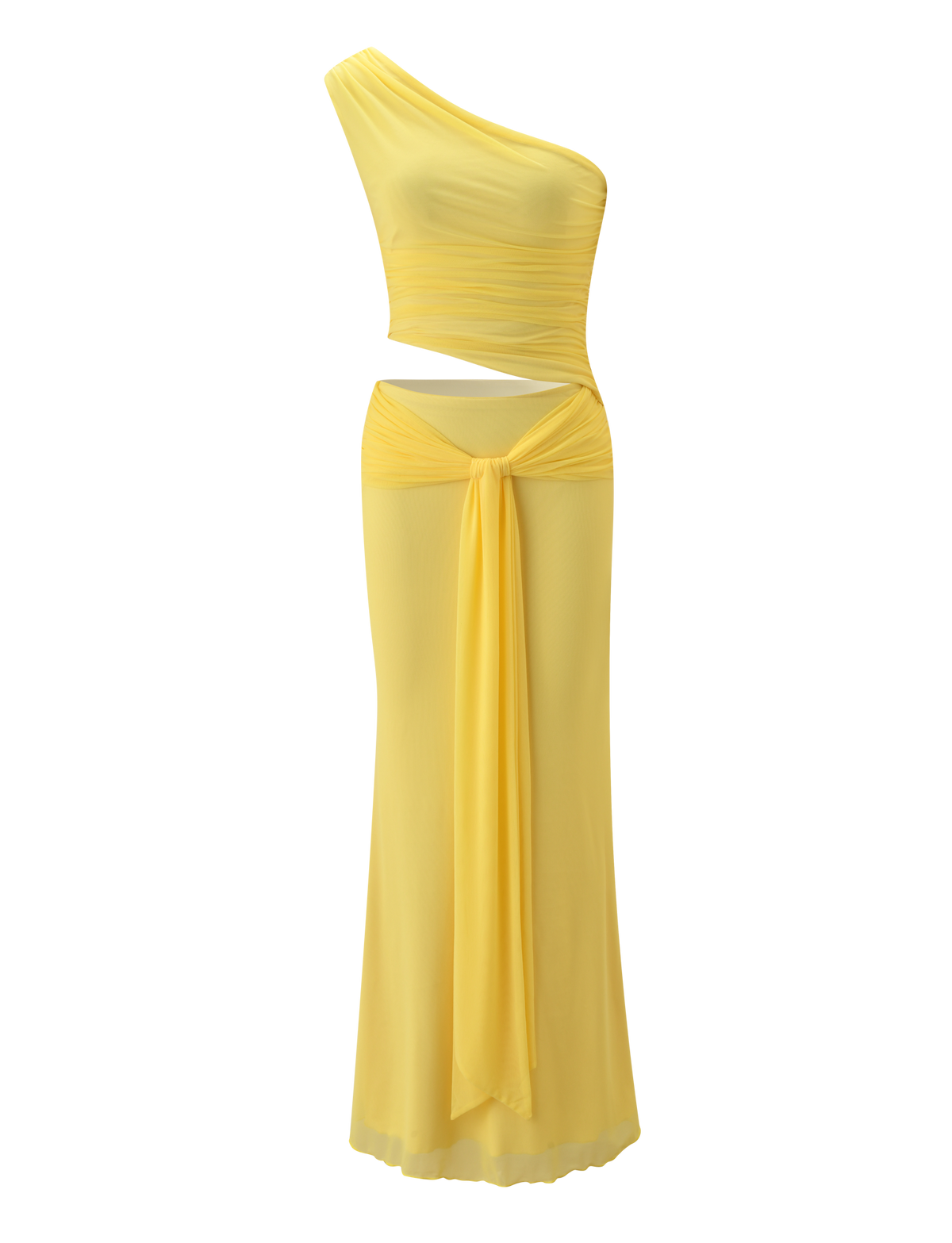 The TIGERMIST COBI 2.0 MAXI DRESS in butter yellow is a bright asymmetric one-shoulder maxi with sheer fabric, ruched bodice, waist cutout, and a draped tie detail at the front of the skirt.