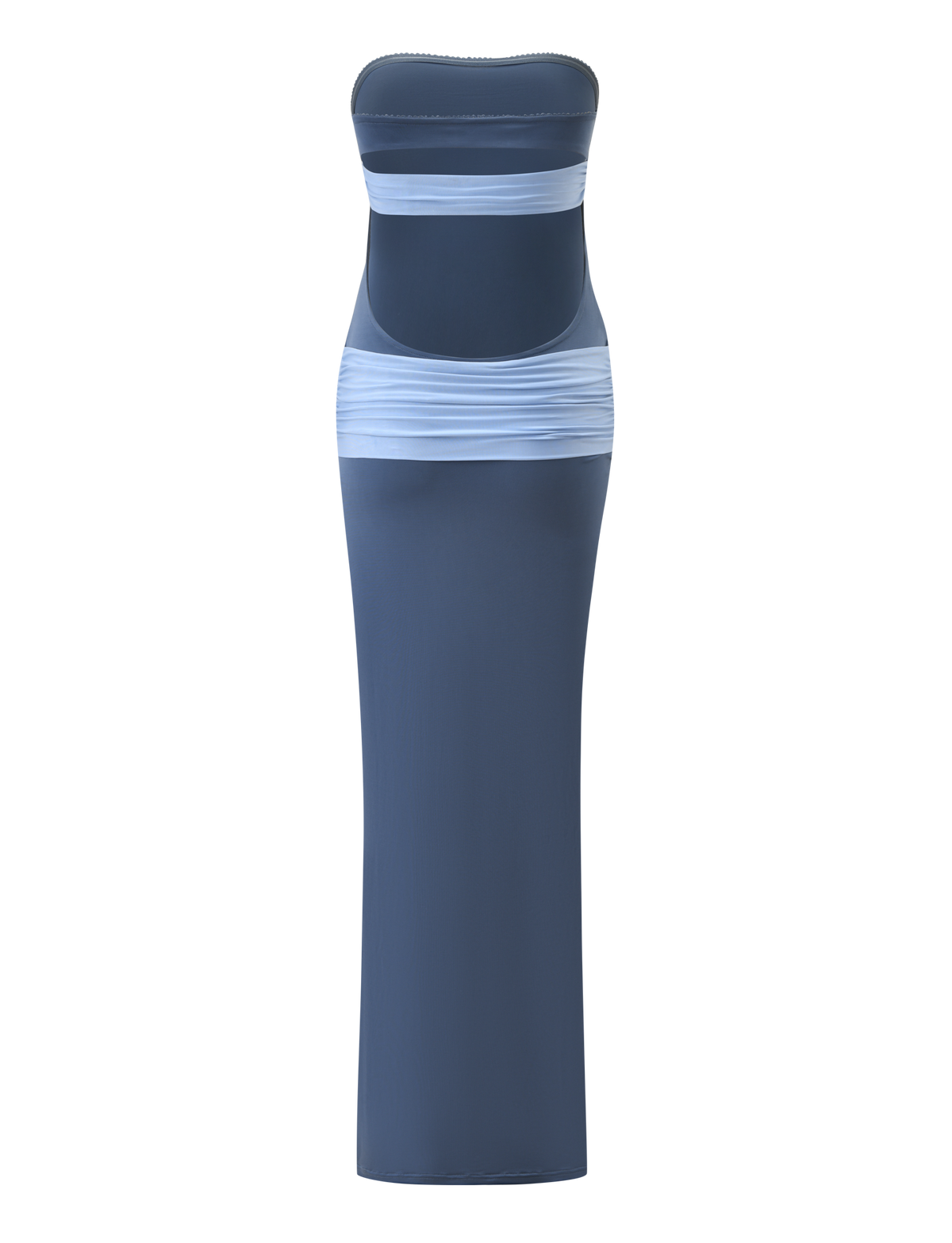 The TIGERMIST TOVE MAXI DRESS - BLUE is a strapless, floor-length dress with a fitted silhouette, featuring sheer light blue bands at the bust and hips.