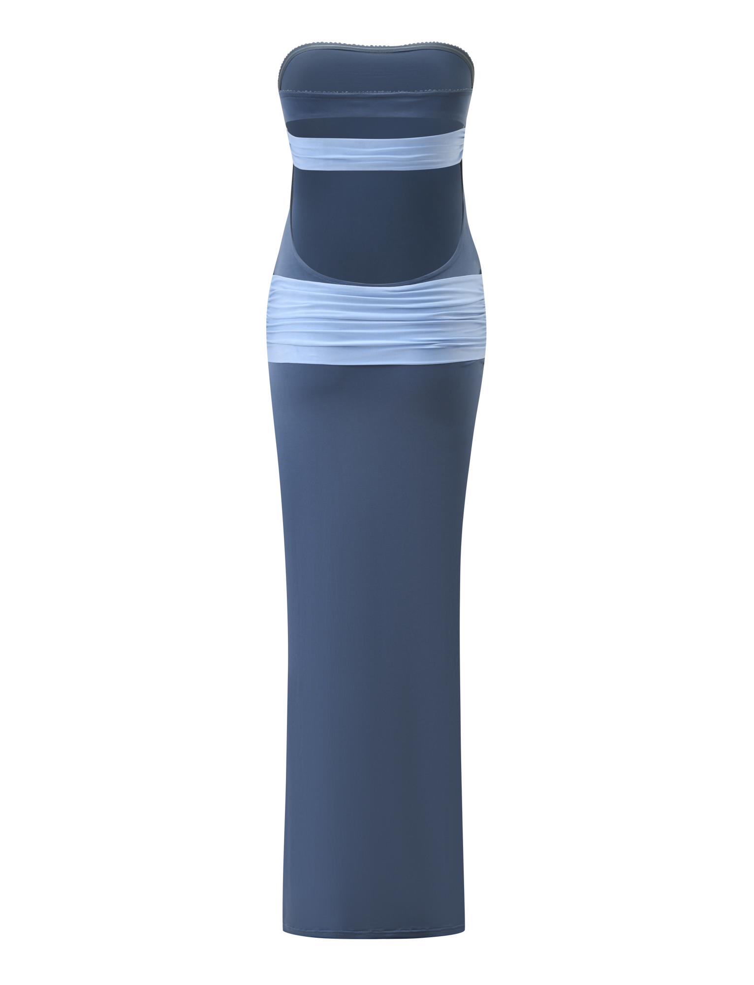 The TIGERMIST TOVE MAXI DRESS - BLUE is a strapless, floor-length dress with a fitted silhouette, featuring sheer light blue bands at the bust and hips.