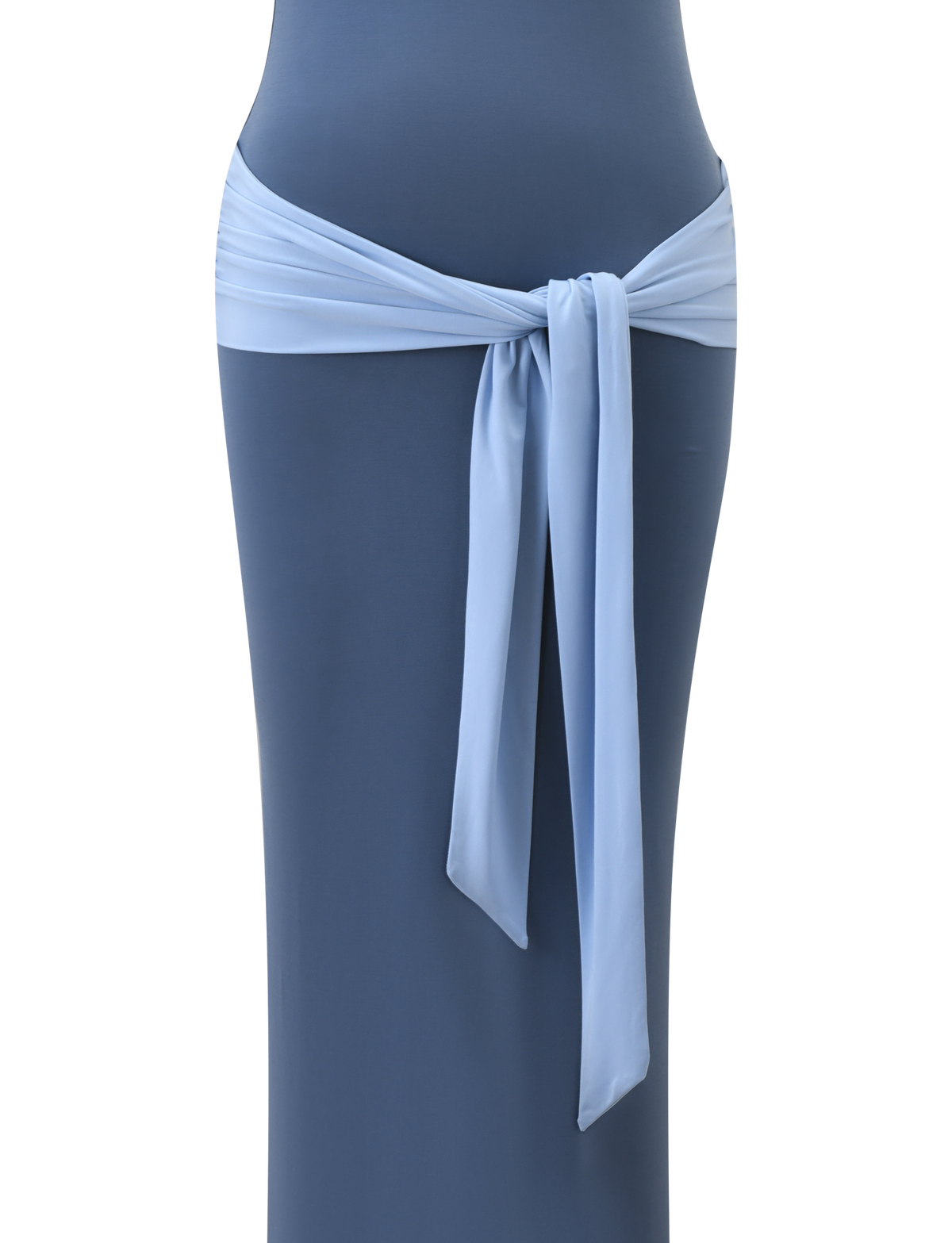 The TOVE MAXI DRESS by TIGERMIST features a dark blue design with a light blue sash knotted at the waist for a draped look, set against a plain white background.
