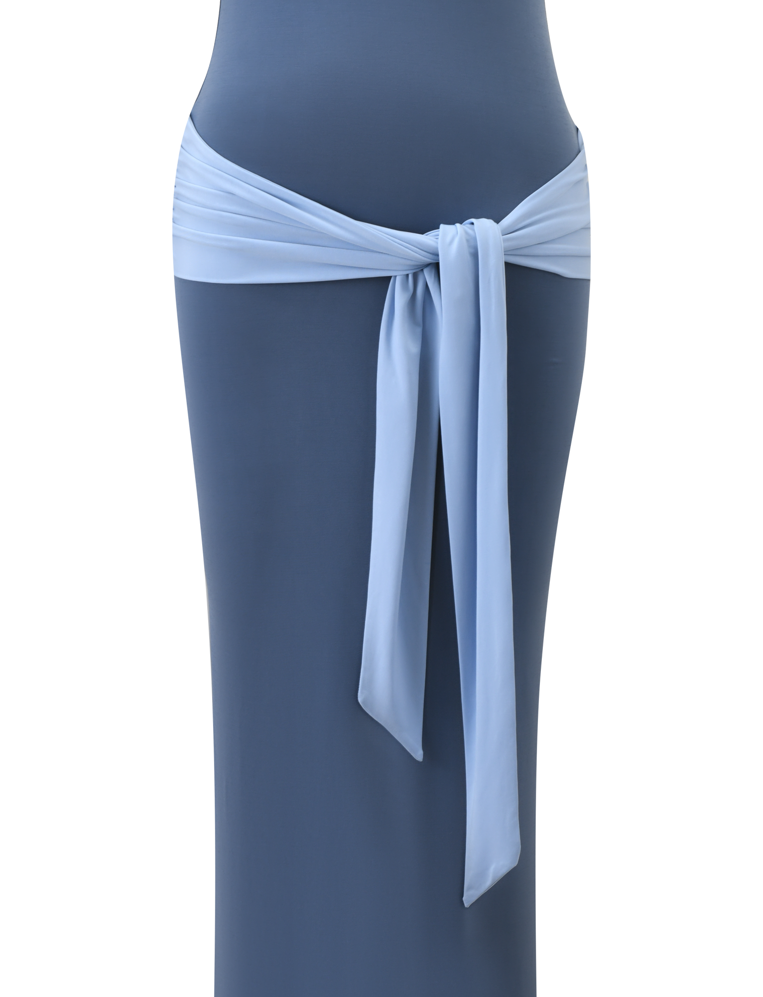 The TOVE MAXI DRESS by TIGERMIST features a dark blue design with a light blue sash knotted at the waist for a draped look, set against a plain white background.