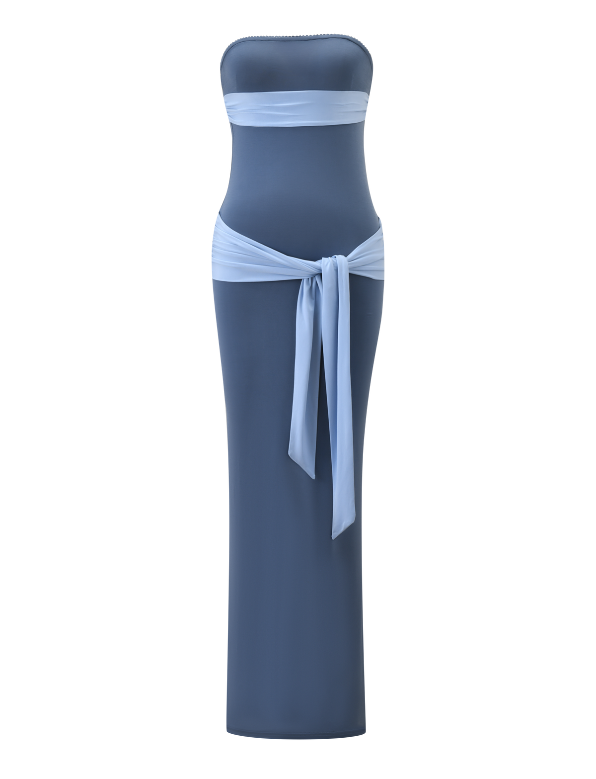 The TIGERMIST TOVE Maxi Dress in blue is strapless with a fitted silhouette, featuring a light blue band at the top and a matching sash at the waist.