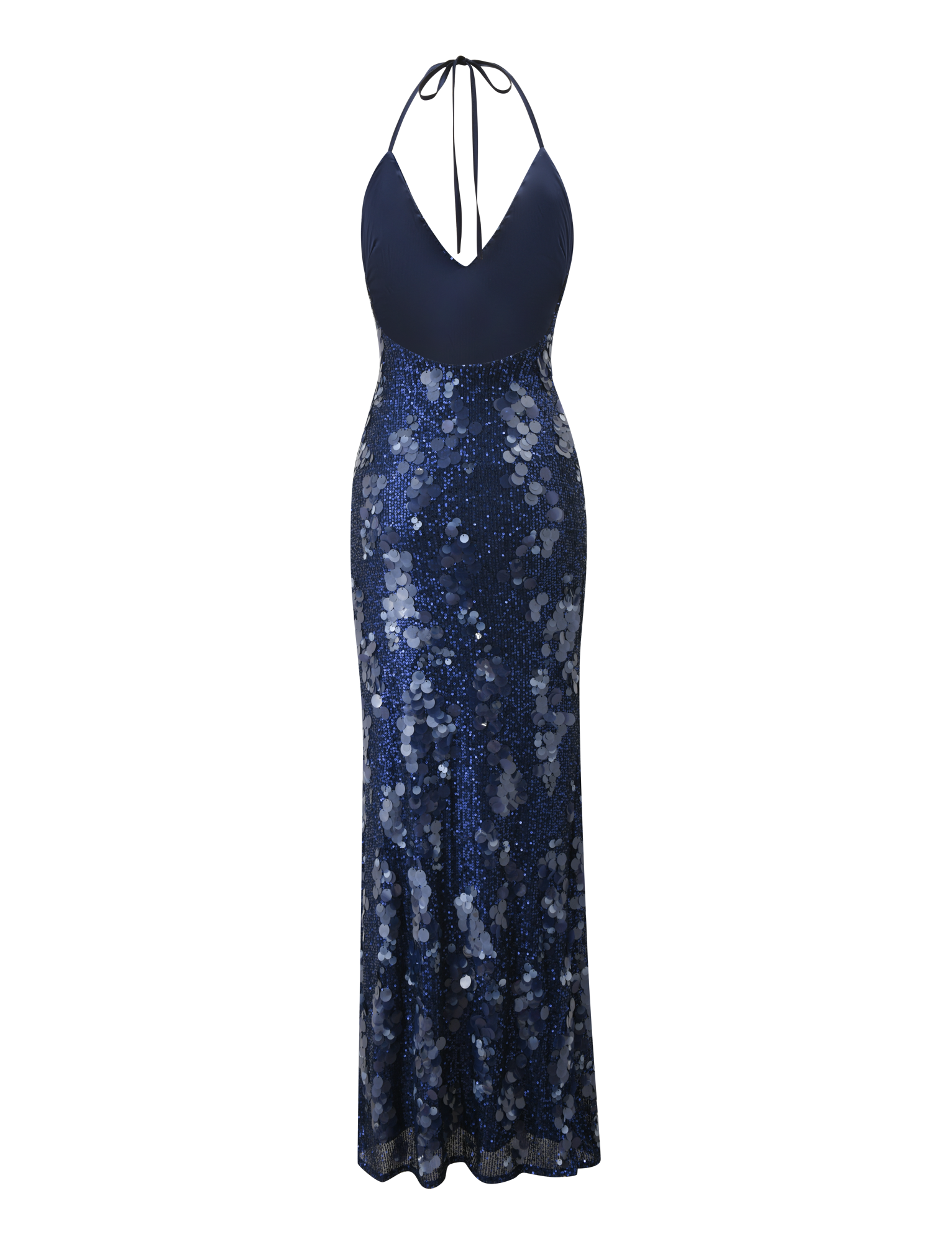 The ZANA MAXI DRESS - NAVY by TIGERMIST is a sleeveless sequin maxi dress with a plunging V-neck, halter tie, fitted silhouette, and a skirt shimmering in blue and silver tones.