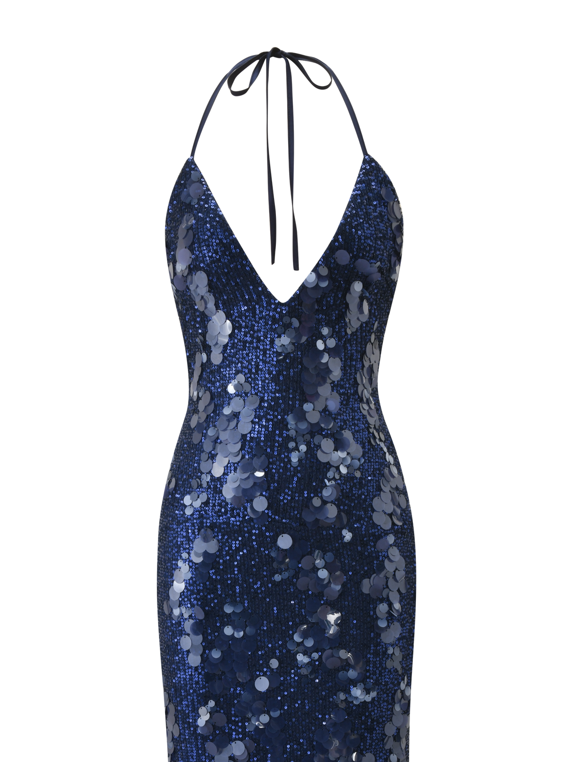 The TIGERMIST ZANA MAXI DRESS - NAVY is a sleeveless maxi dress with a plunging V-neckline, halter spaghetti straps, and shiny circular blue sequins.