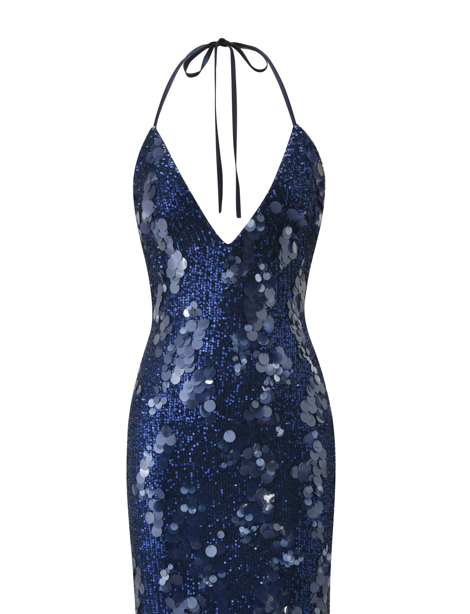 The TIGERMIST ZANA MAXI DRESS - NAVY is a sleeveless maxi dress with a plunging V-neckline, halter spaghetti straps, and shiny circular blue sequins.
