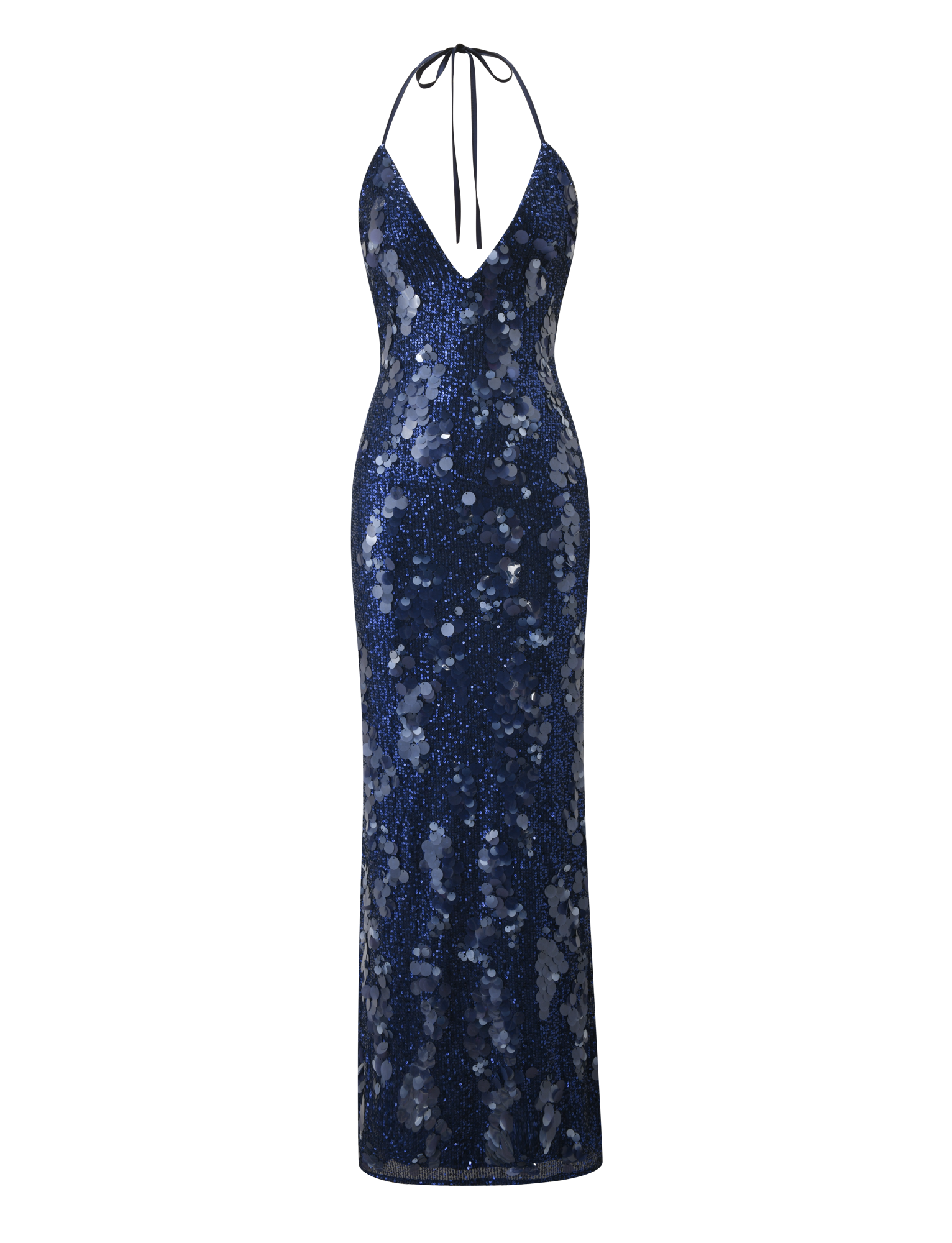 The TIGERMIST ZANA Maxi Dress in navy, featuring sequins, a halter neck, floor-length silhouette, and plunging V-neckline, is displayed against a plain white background.